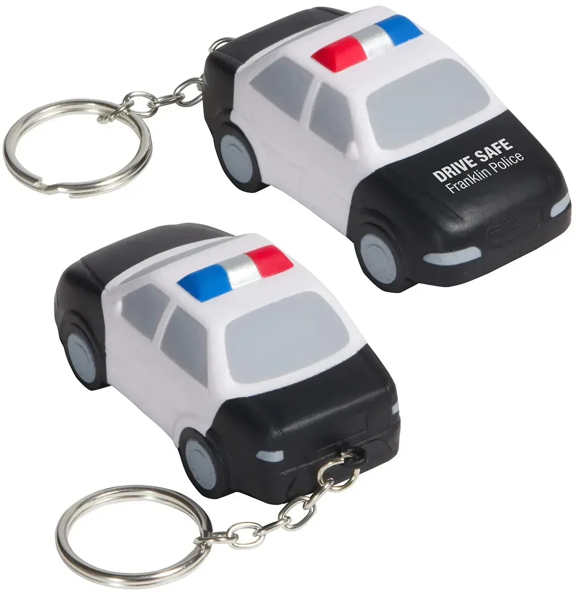 Police car stress reliever keychain with custom logo, branded squeeze toy clipped to keys