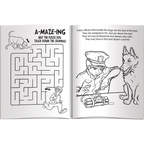 Police Dog Hero Coloring Book activity page about K-9 companions keeping communities safe