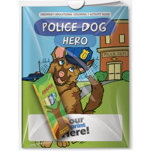 Police Dog Hero coloring book combo pack with 4 Fun Pak crayons in poly bag, front view