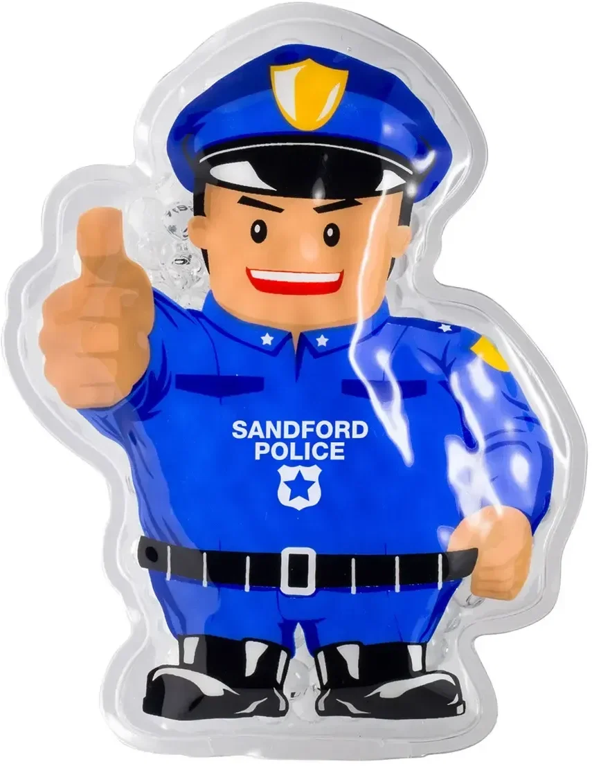 Custom police badge-shaped hot and cold pack, branded therapy giveaway front view