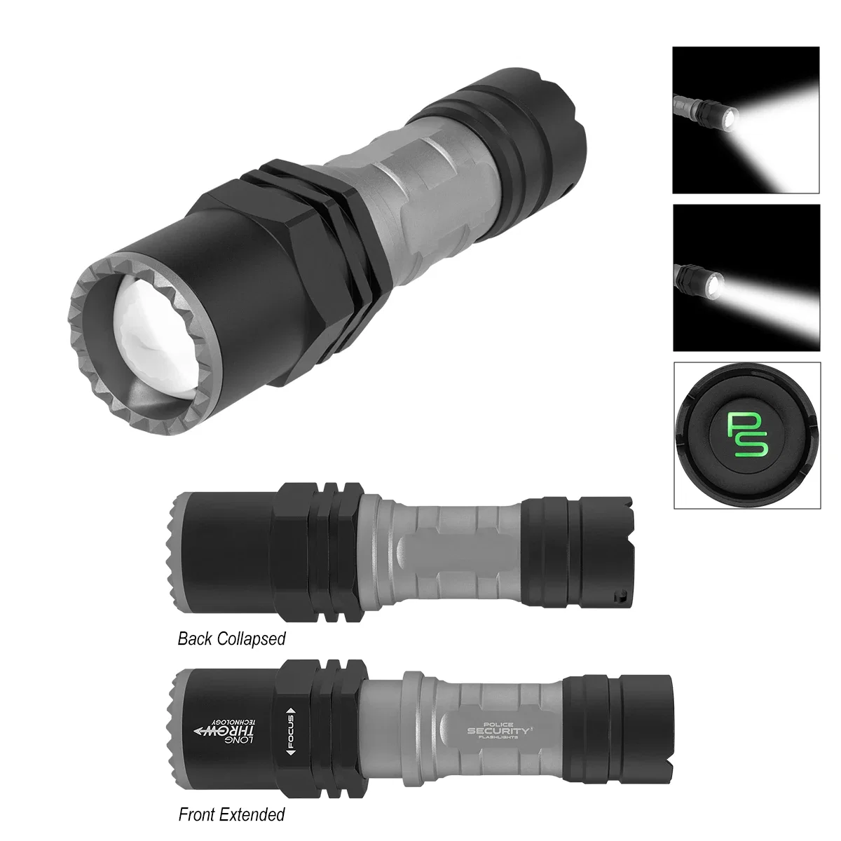 Head and lens end of the compact black torch