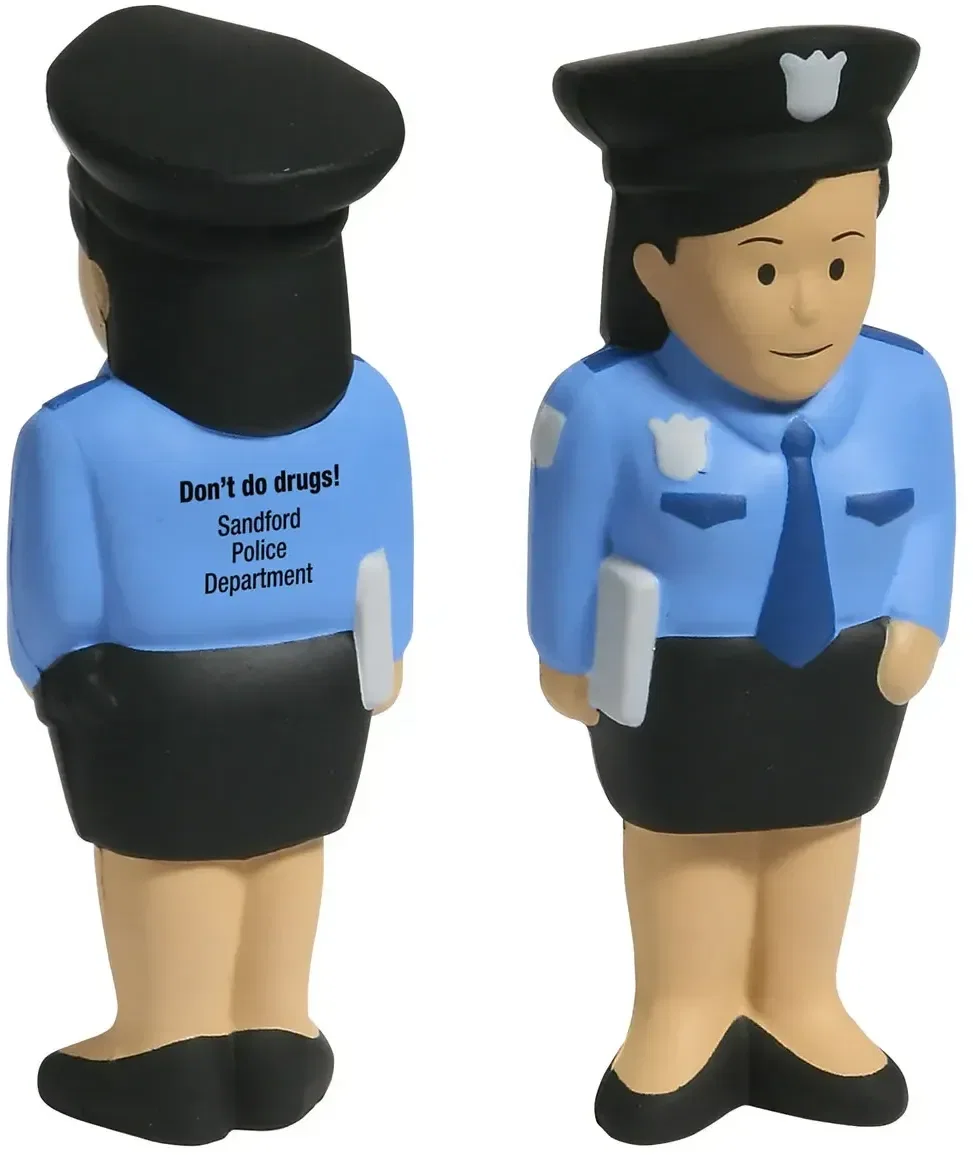 Custom Police Woman Stress Reliever, branded officer-figure squeeze toy with logo print for outreach