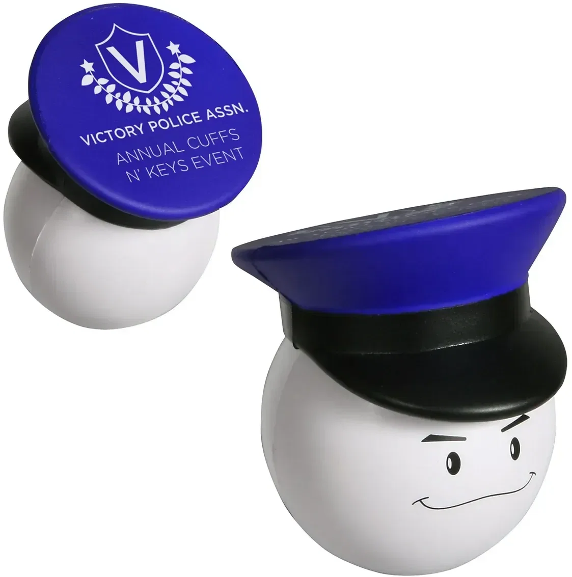 Policeman custom stress reliever molded as a police officer, branded law enforcement and safety promotional giveaway