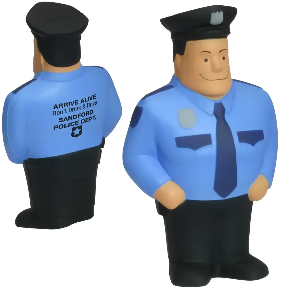 Custom Policeman Stress Reliever shaped like a police officer, molded foam with promotional logo