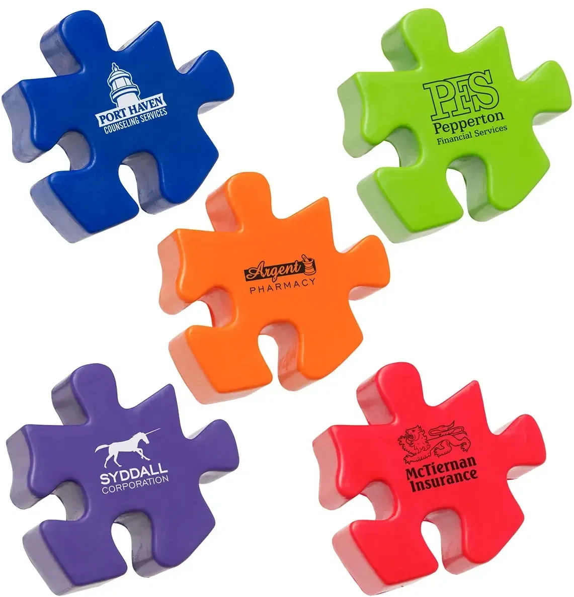 Polyurethane puzzle piece custom stress reliever, jigsaw squeeze toy branded with logo, front view