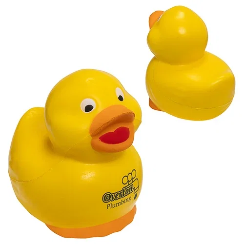 Custom Rubber Duck Stress Reliever, branded polyurethane duck squeeze toy detail view with logo print