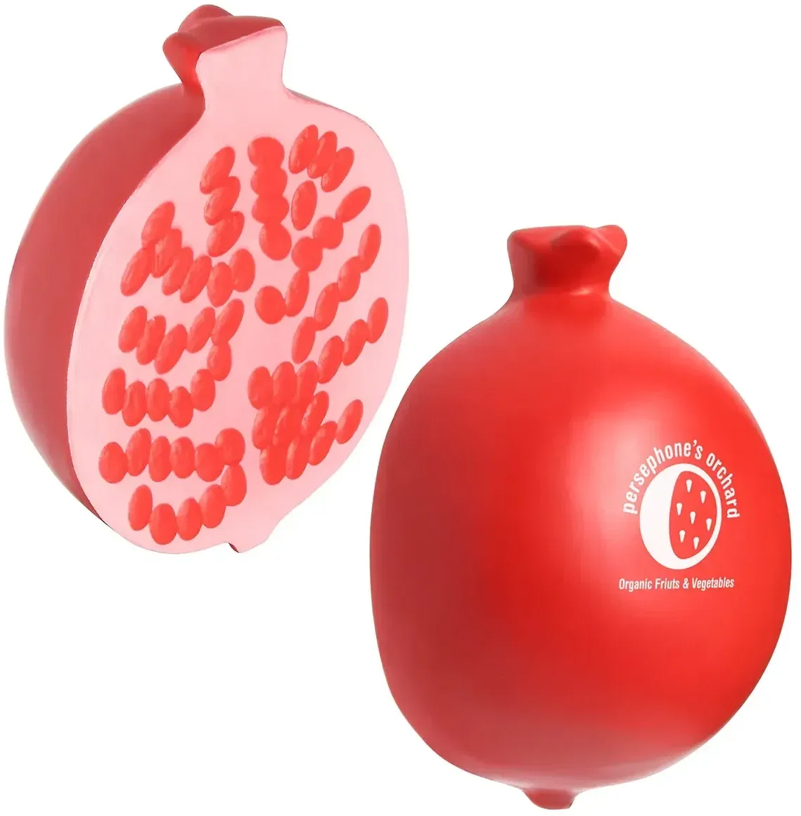 Pomegranate custom stress reliever, ripe fruit squeeze toy branded with logo, front view