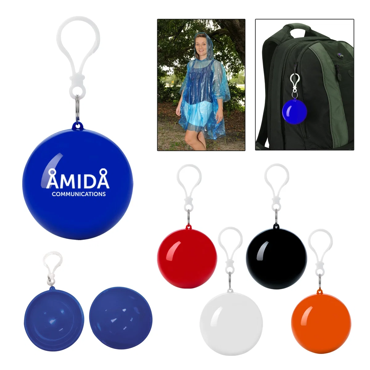 Round poncho keychain with a matching rain cover packed inside