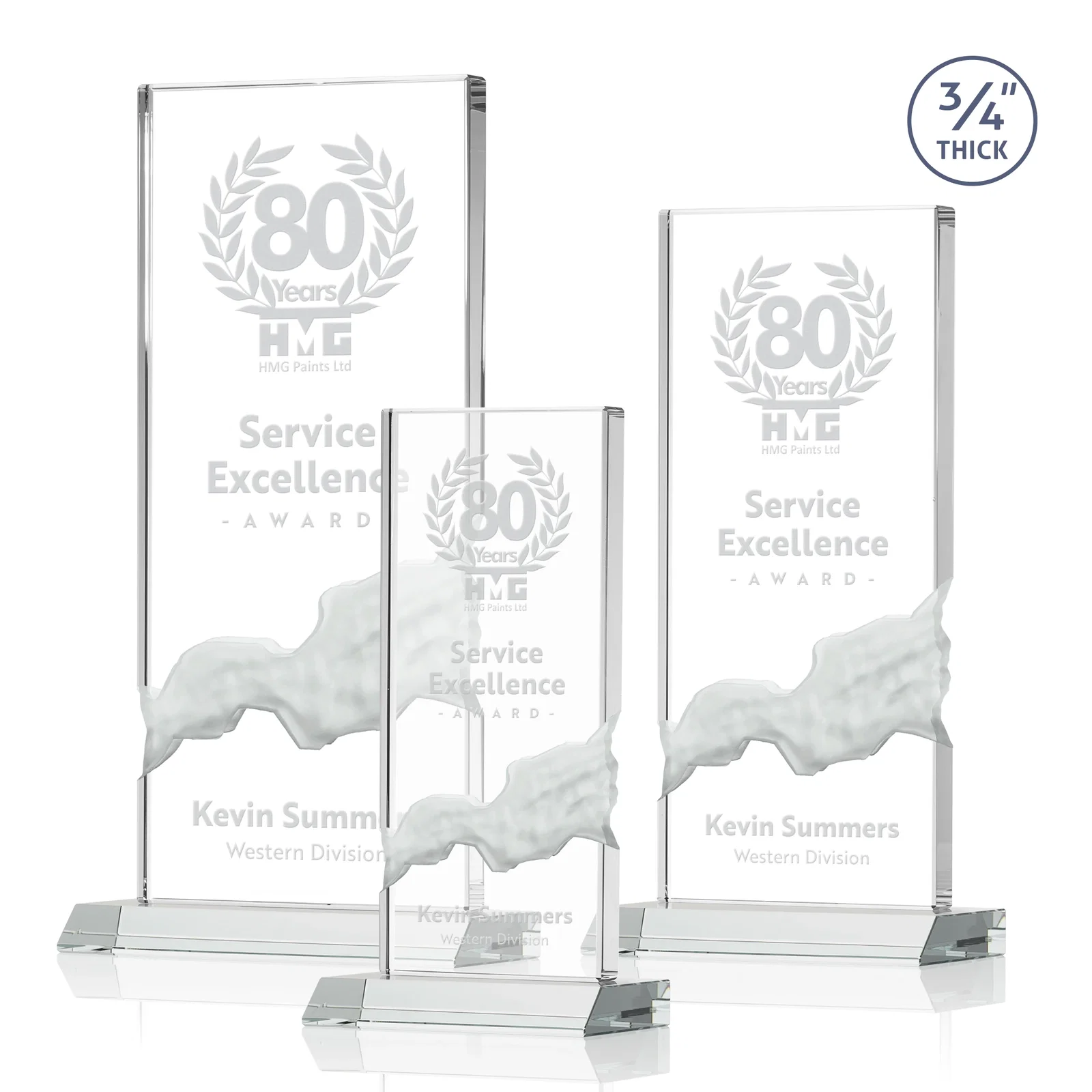 Custom Starfire Crystal Upright Award with Carved Waterfall on Mitered Base, awards for employee recognition