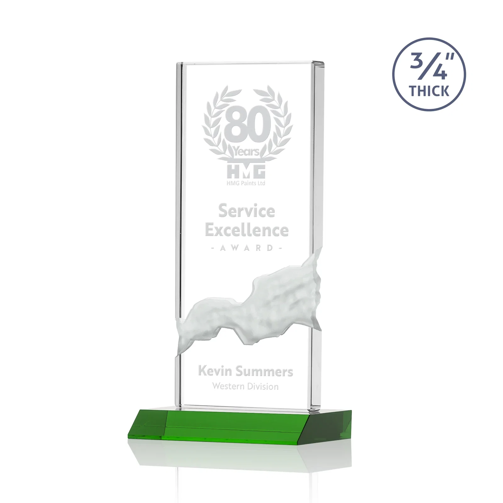 Custom Starfire Crystal Upright Award with Carved Waterfall on Mitered Base, awards for volunteer appreciation