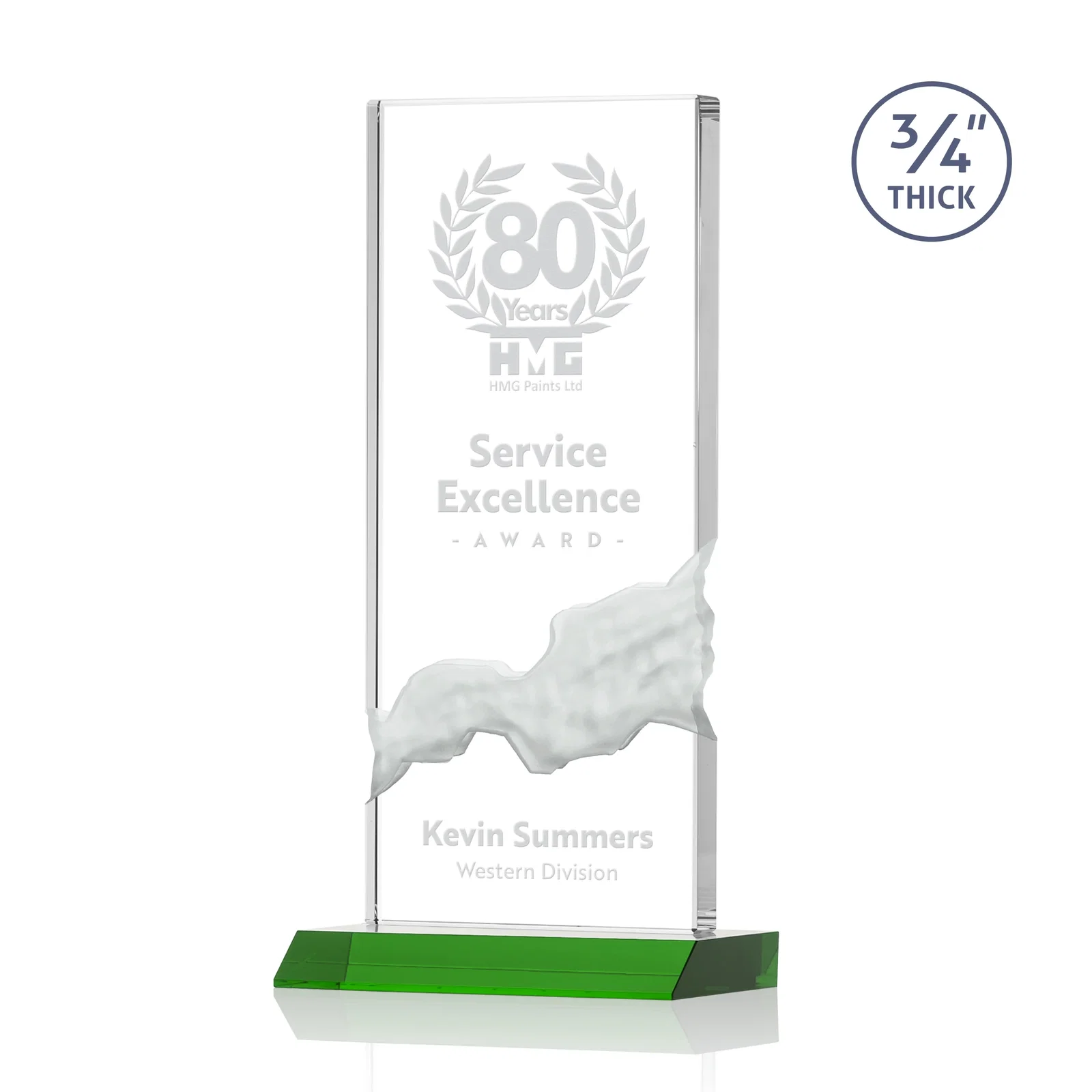 Custom Starfire Crystal Upright Award with Carved Waterfall on Mitered Base, awards for dealer and partner awards