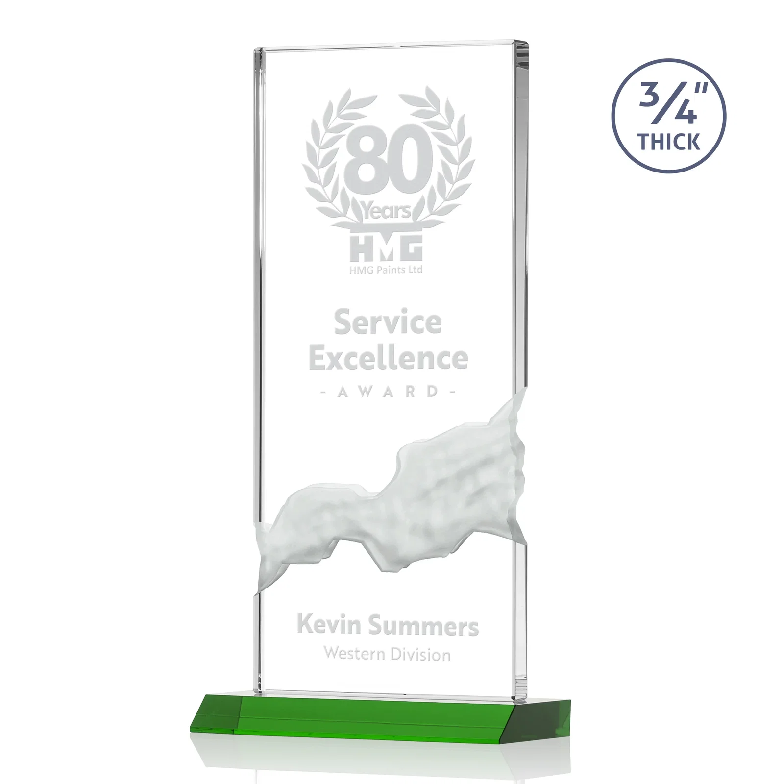 Custom Starfire Crystal Upright Award with Carved Waterfall on Mitered Base, awards for company anniversary events