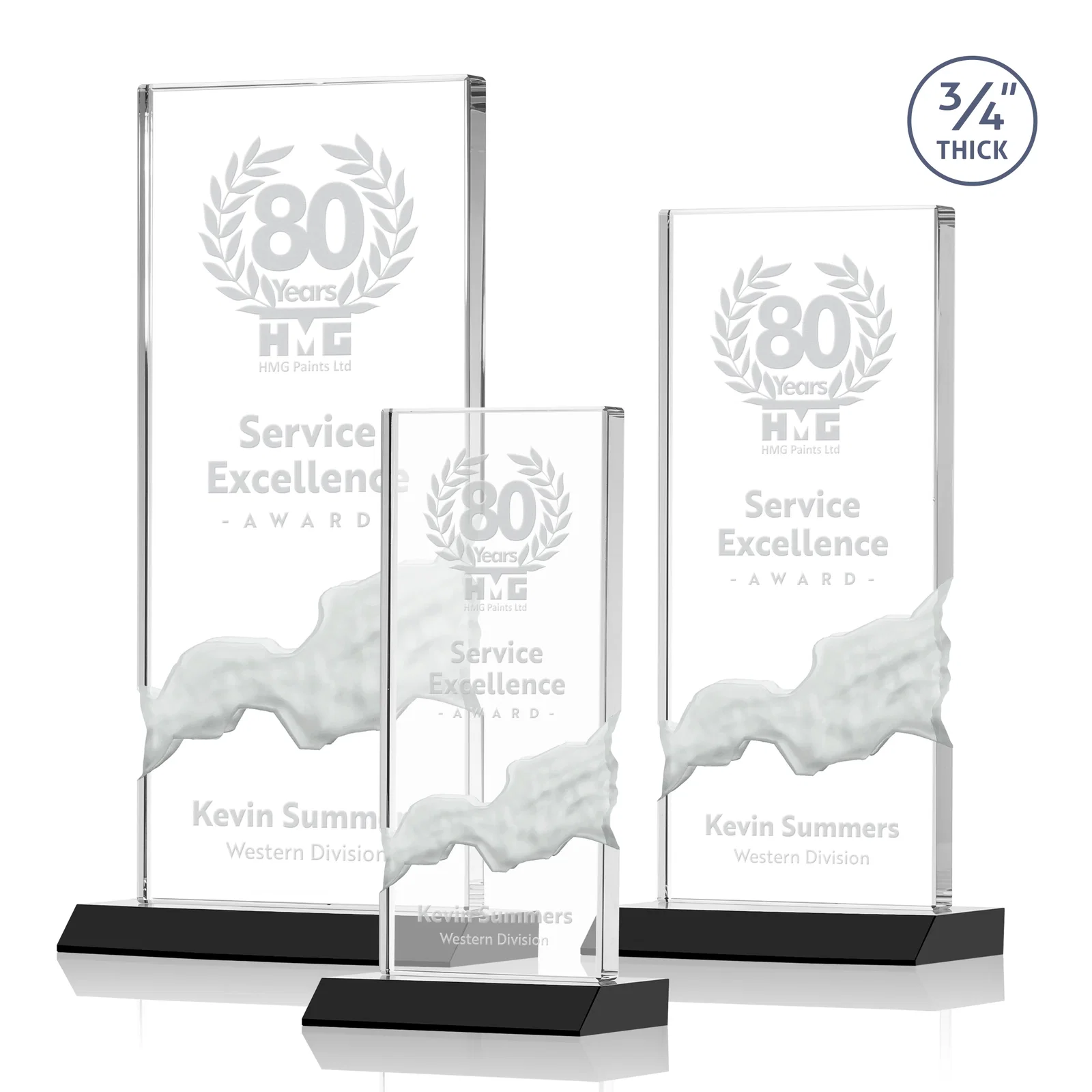 Personalized Starfire Crystal Upright Award with Carved Waterfall on Mitered Base, awards for employee recognition