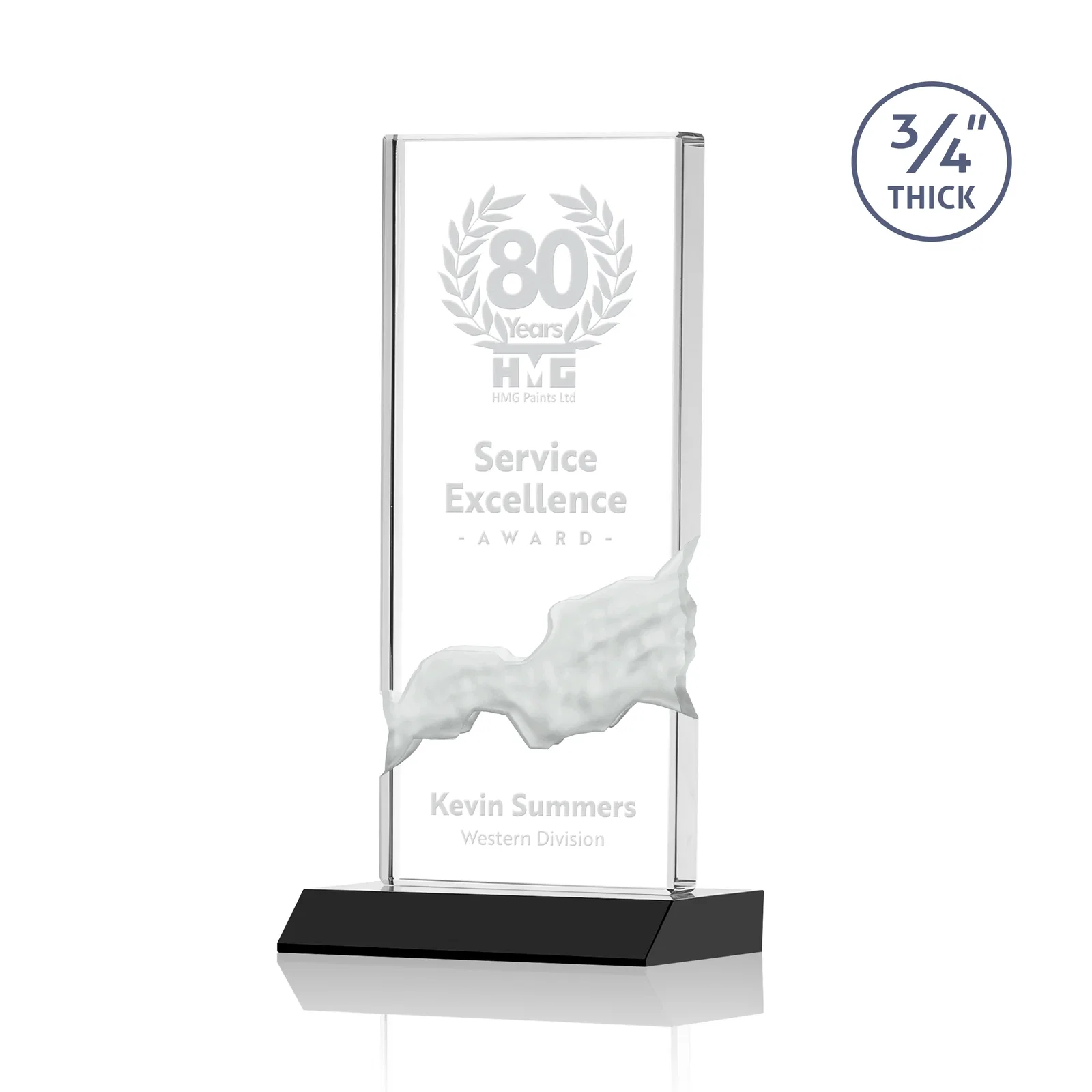 Personalized Starfire Crystal Upright Award with Carved Waterfall on Mitered Base, awards for corporate award ceremonies