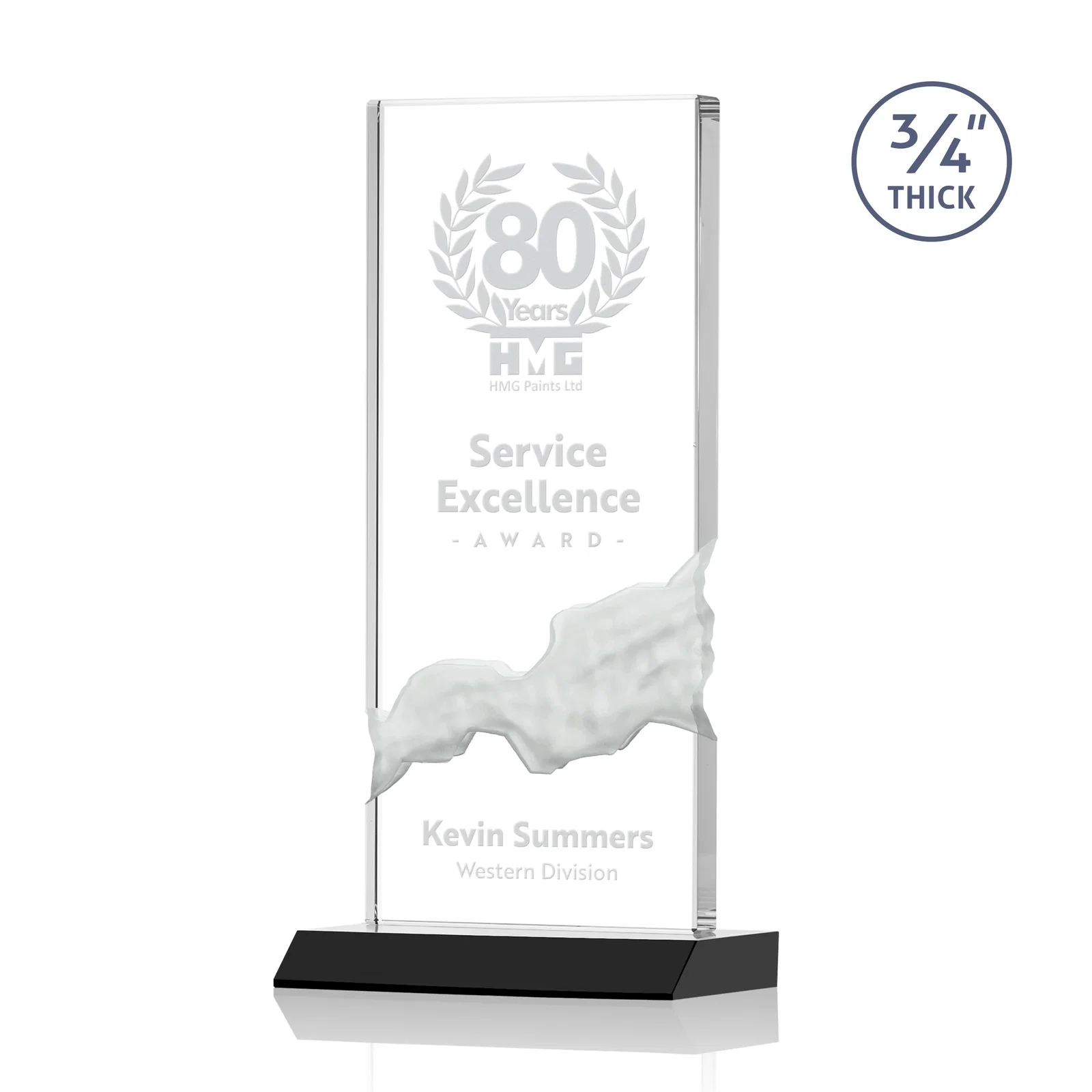 Personalized Starfire Crystal Upright Award with Carved Waterfall on Mitered Base, awards for service anniversary gifts