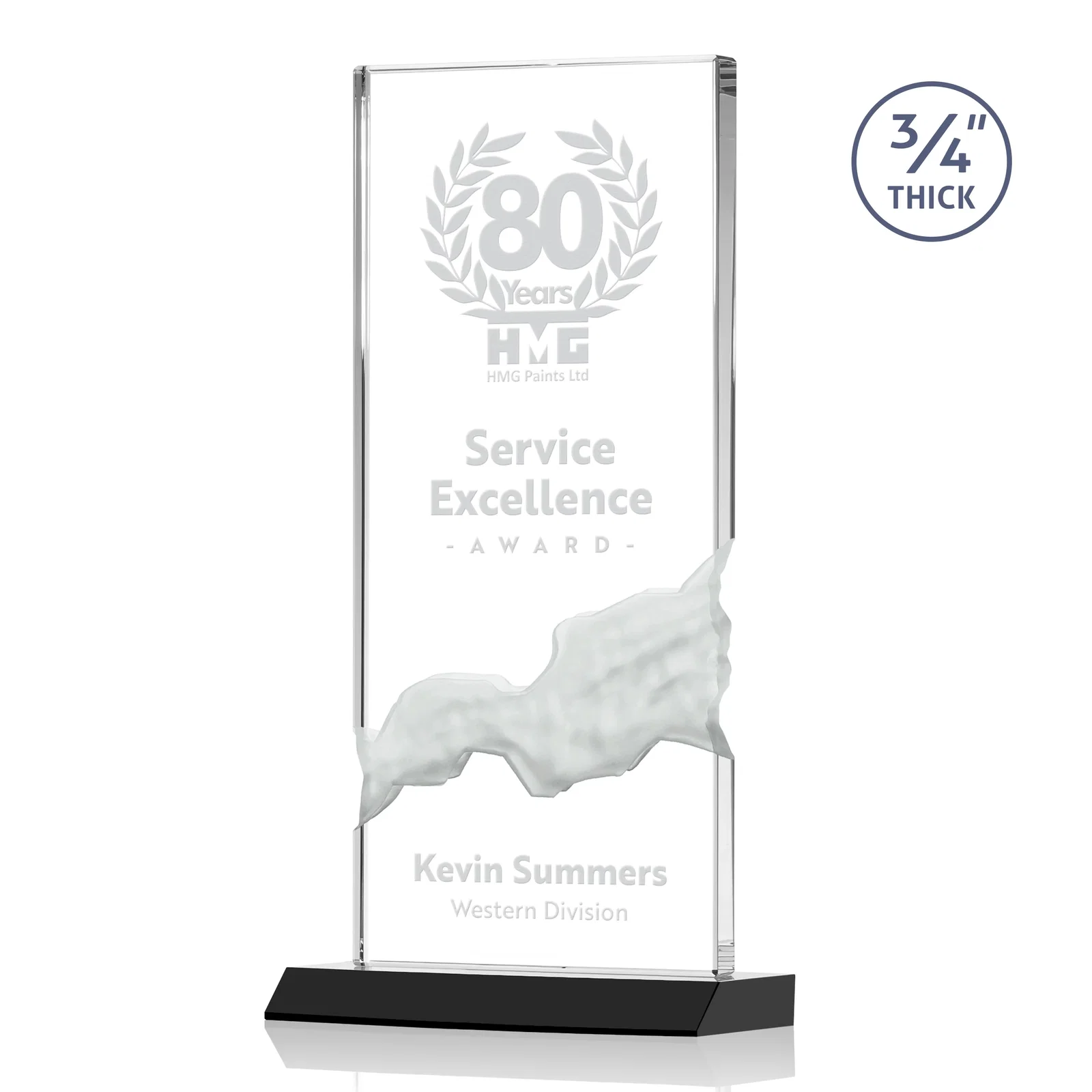 Personalized Starfire Crystal Upright Award with Carved Waterfall on Mitered Base, awards for sales achievement awards