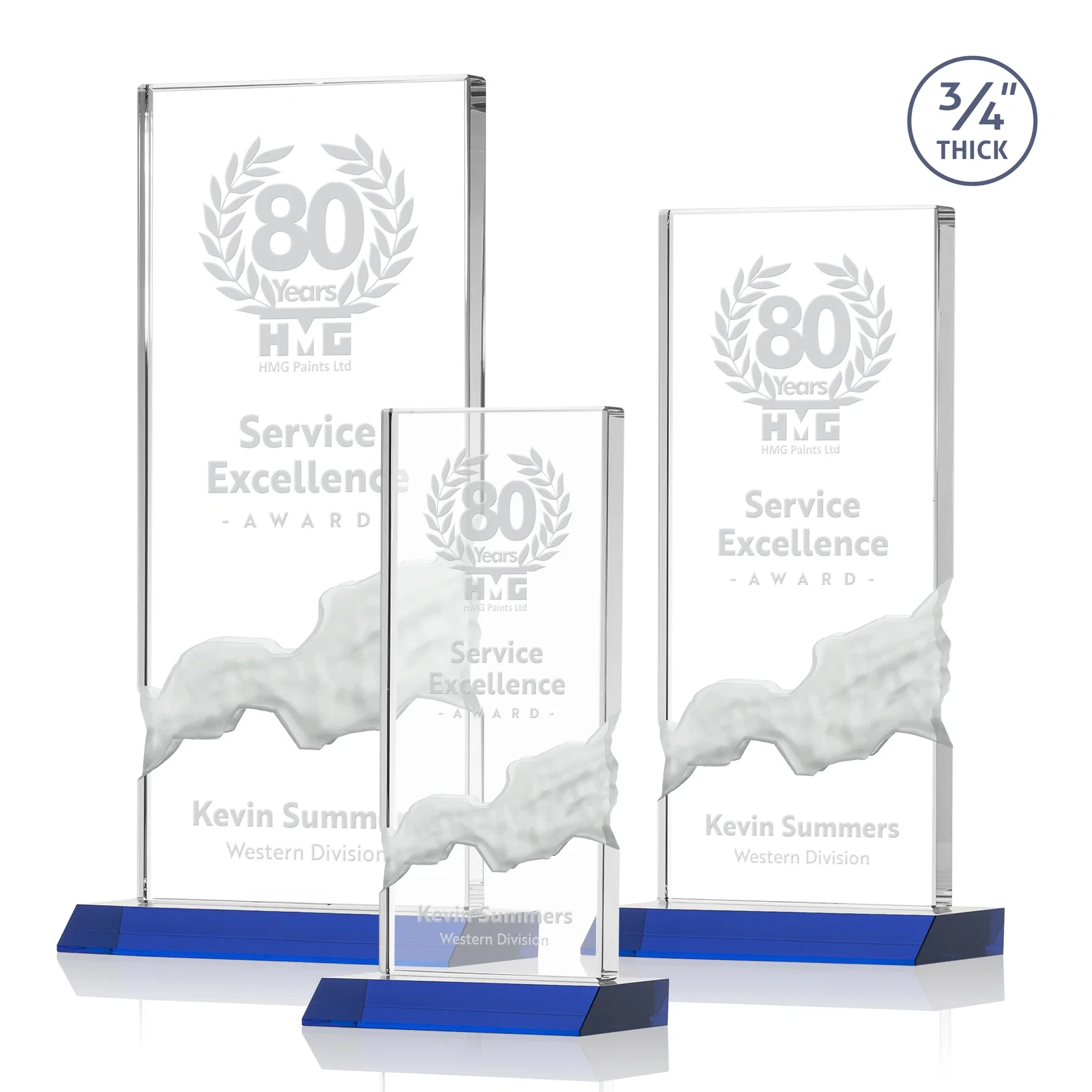 Personalized Starfire Crystal Upright Award with Carved Waterfall on Mitered Base, awards for retirement presentations
