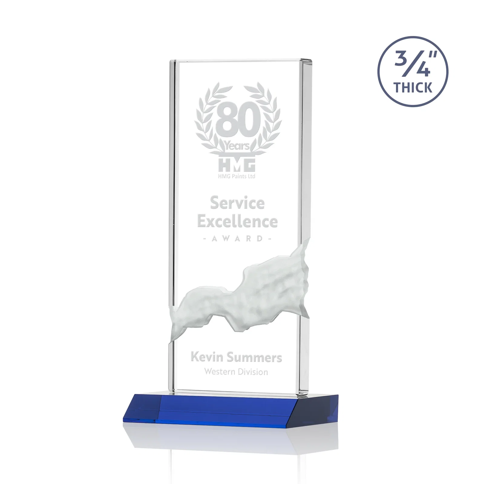 Personalized Starfire Crystal Upright Award with Carved Waterfall on Mitered Base, awards for team milestone celebrations
