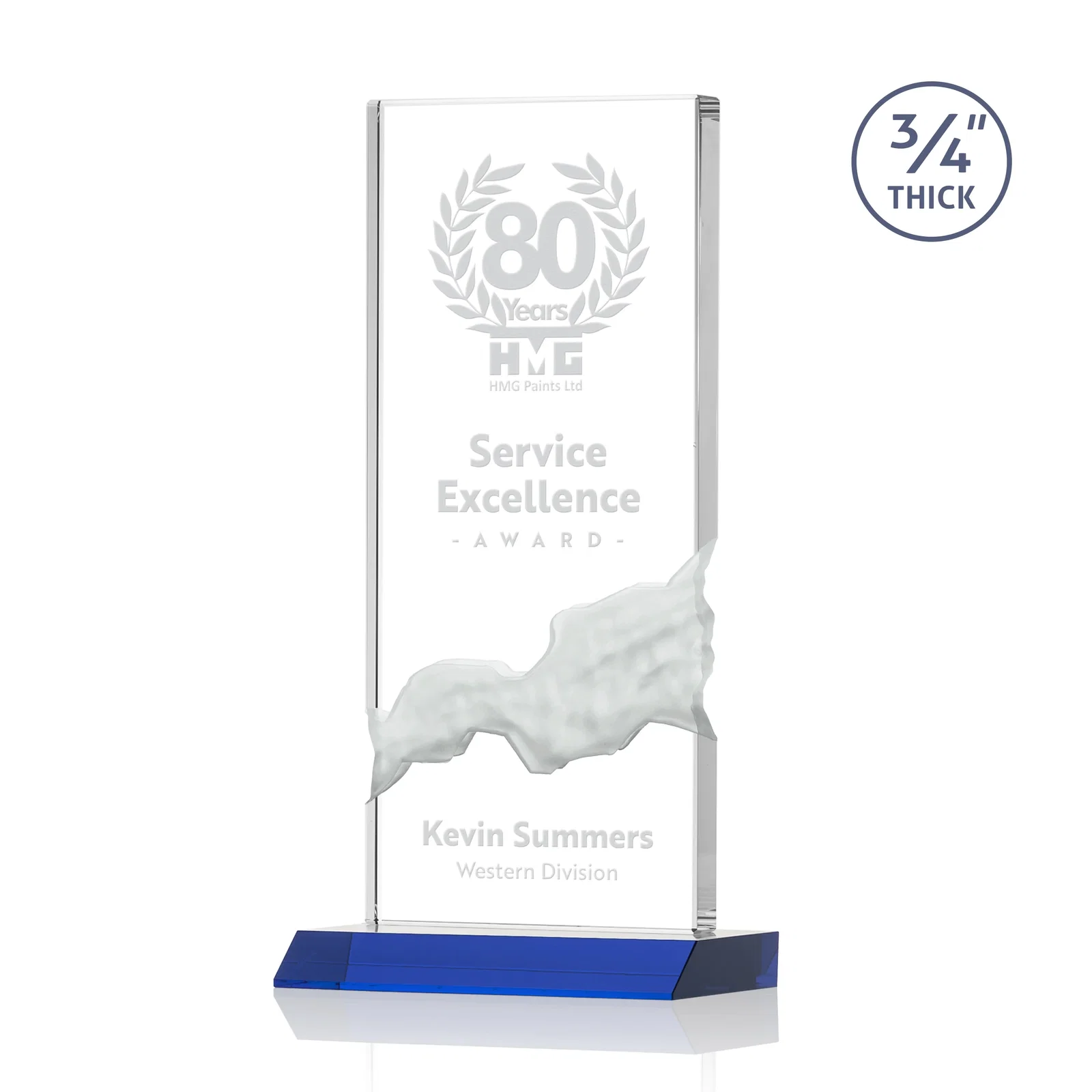 Personalized Starfire Crystal Upright Award with Carved Waterfall on Mitered Base, awards for donor appreciation