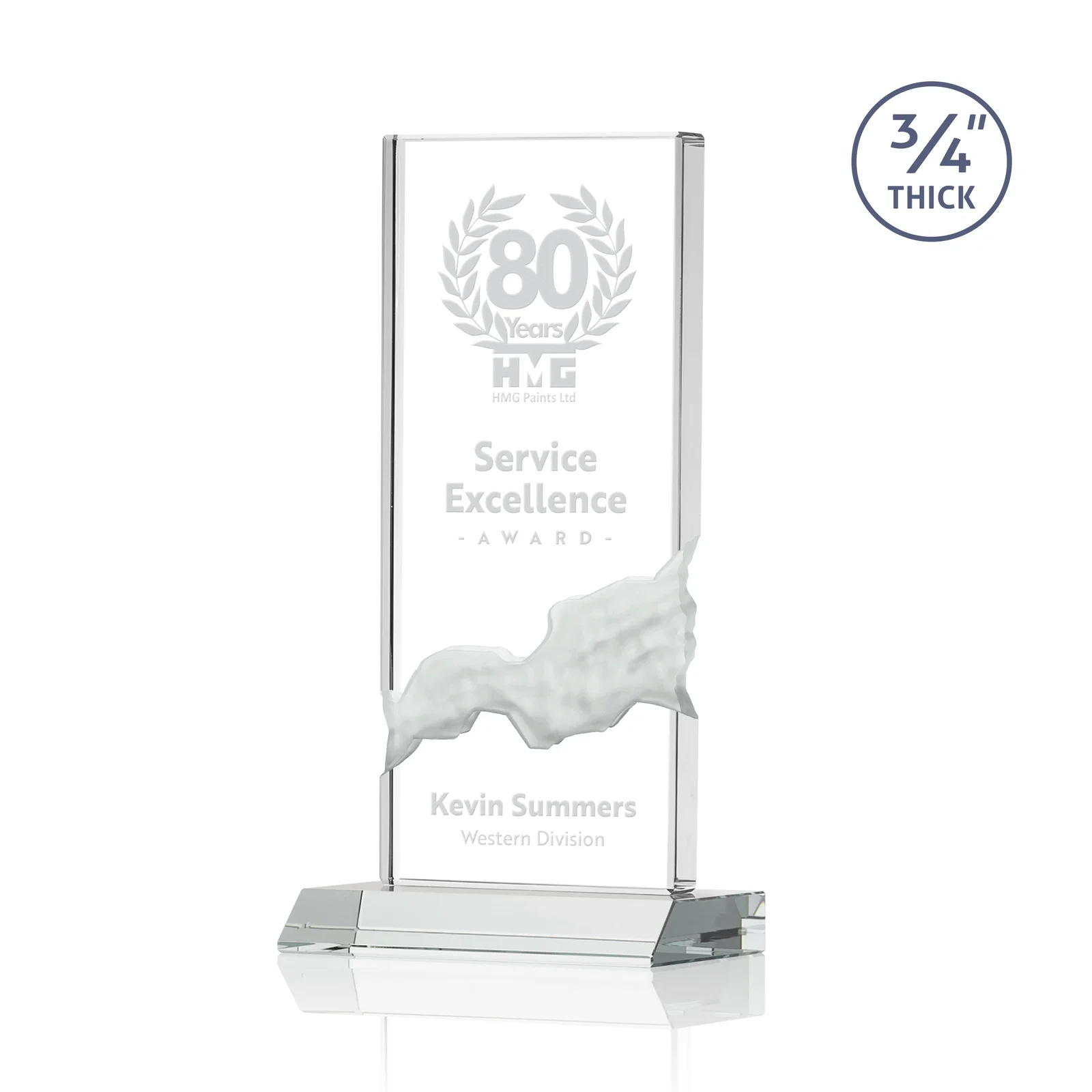 Custom Starfire Crystal Upright Award with Carved Waterfall on Mitered Base, awards for corporate award ceremonies