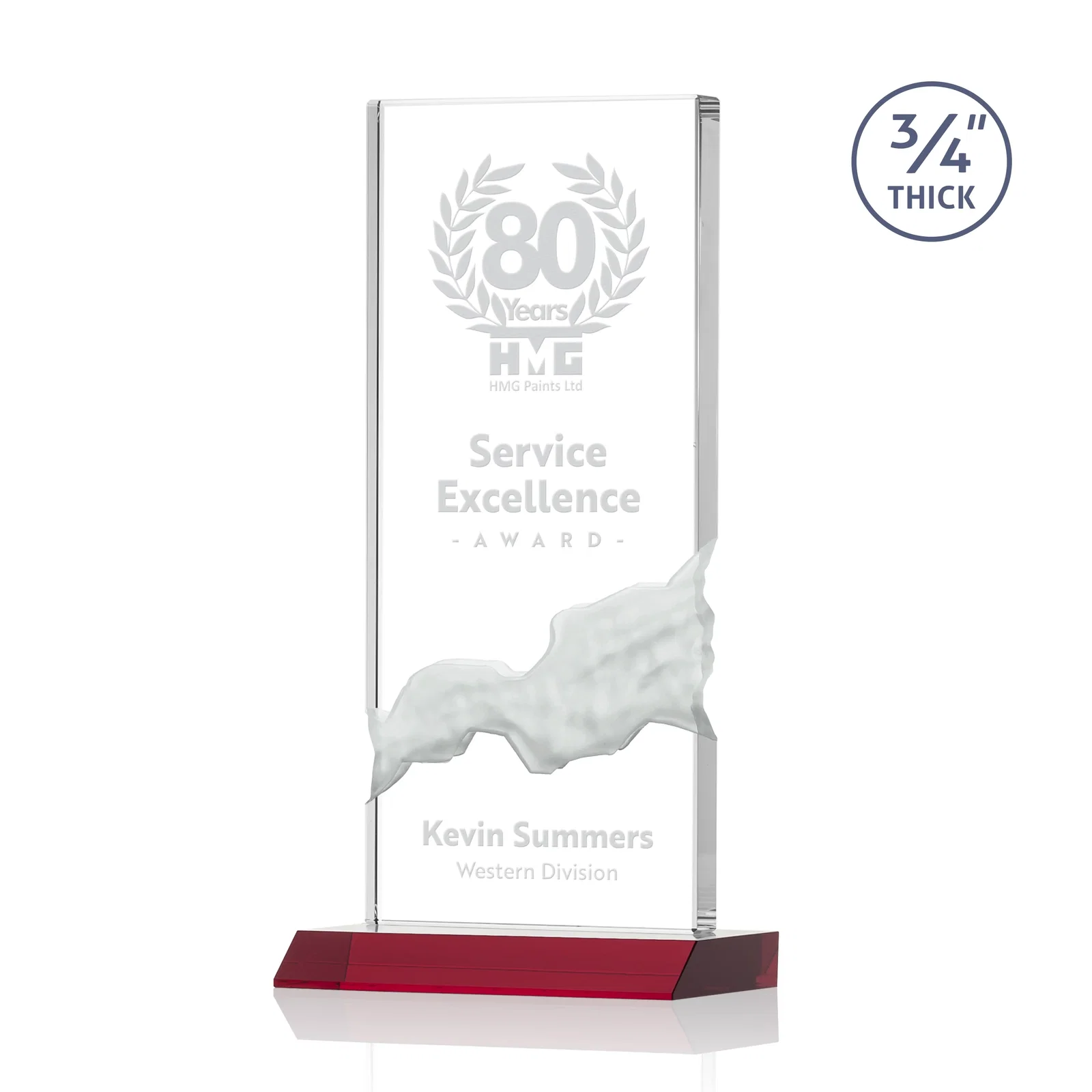 Personalized Starfire Crystal Upright Award with Carved Waterfall on Mitered Base, awards for dealer and partner awards