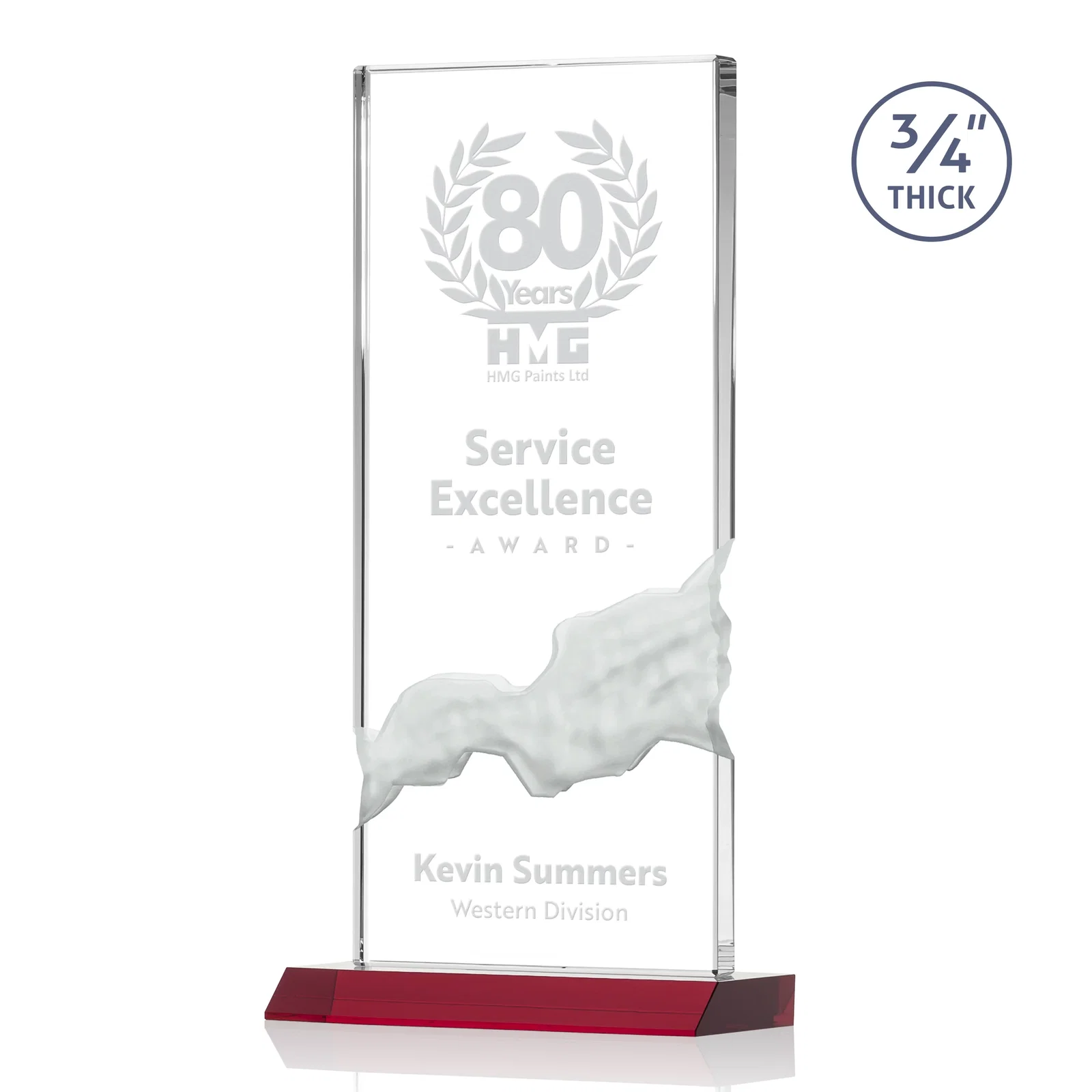 Personalized Starfire Crystal Upright Award with Carved Waterfall on Mitered Base, awards for company anniversary events
