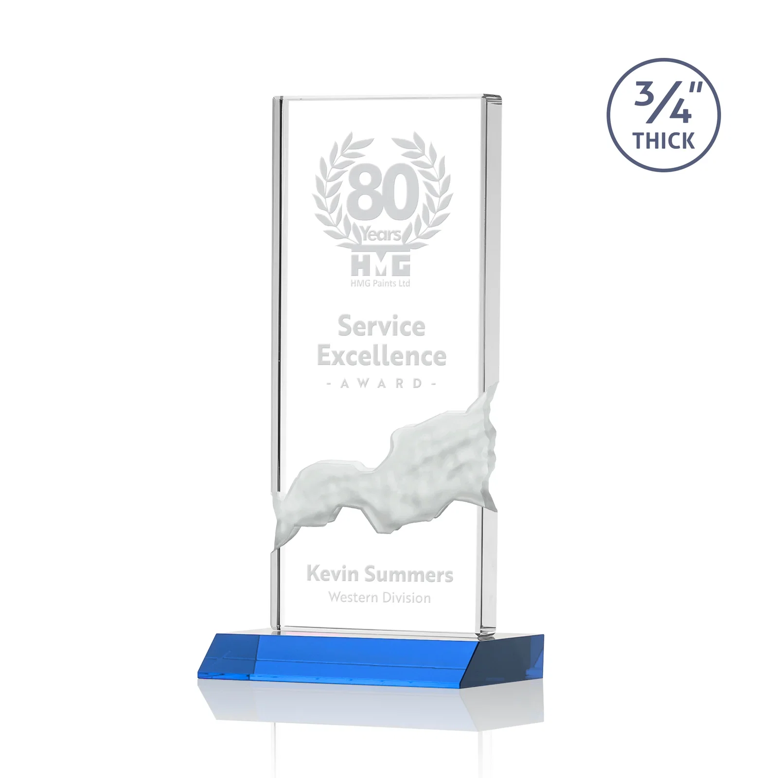Promotional Starfire Crystal Upright Award with Carved Waterfall on Mitered Base, awards for corporate award ceremonies