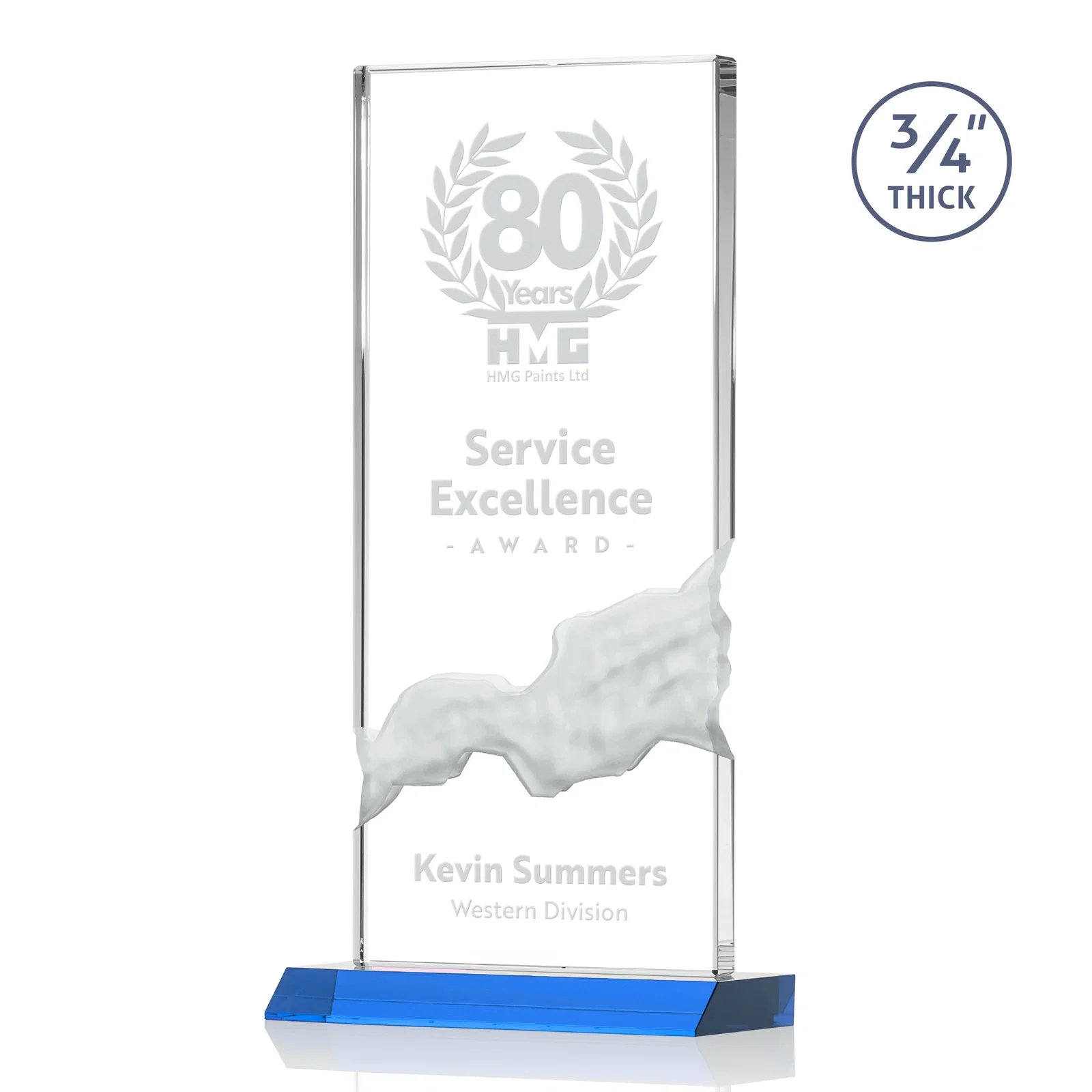 Promotional Starfire Crystal Upright Award with Carved Waterfall on Mitered Base, awards for sales achievement awards