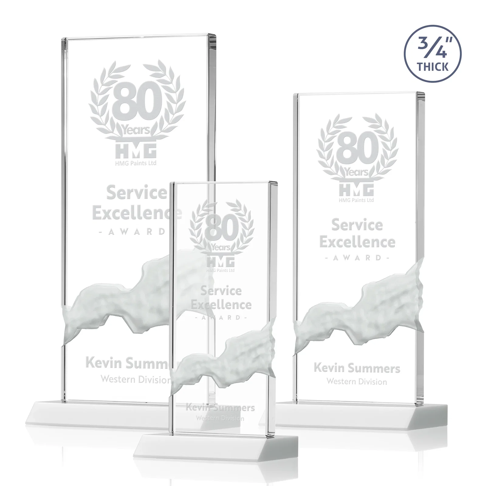 Promotional Starfire Crystal Upright Award with Carved Waterfall on Mitered Base, awards for retirement presentations