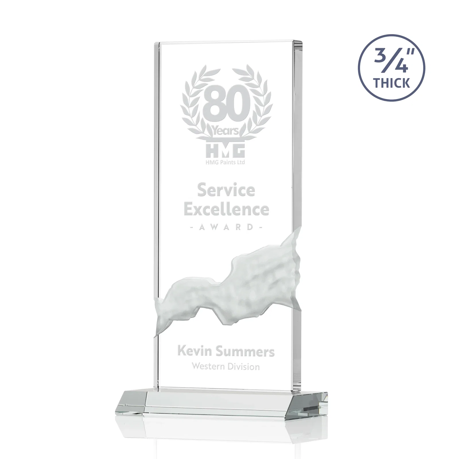 Custom Starfire Crystal Upright Award with Carved Waterfall on Mitered Base, awards for service anniversary gifts
