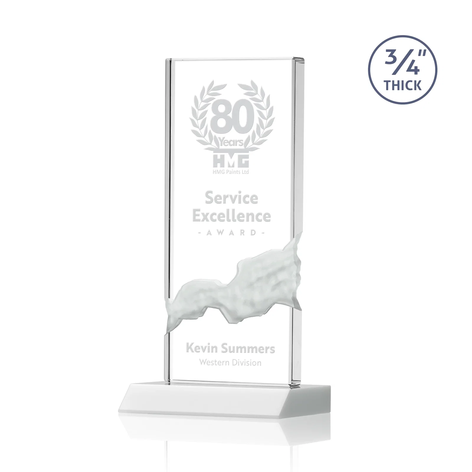 Promotional Starfire Crystal Upright Award with Carved Waterfall on Mitered Base, awards for team milestone celebrations