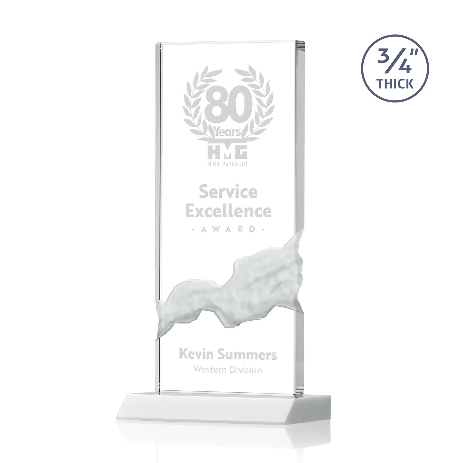 Promotional Starfire Crystal Upright Award with Carved Waterfall on Mitered Base, awards for donor appreciation