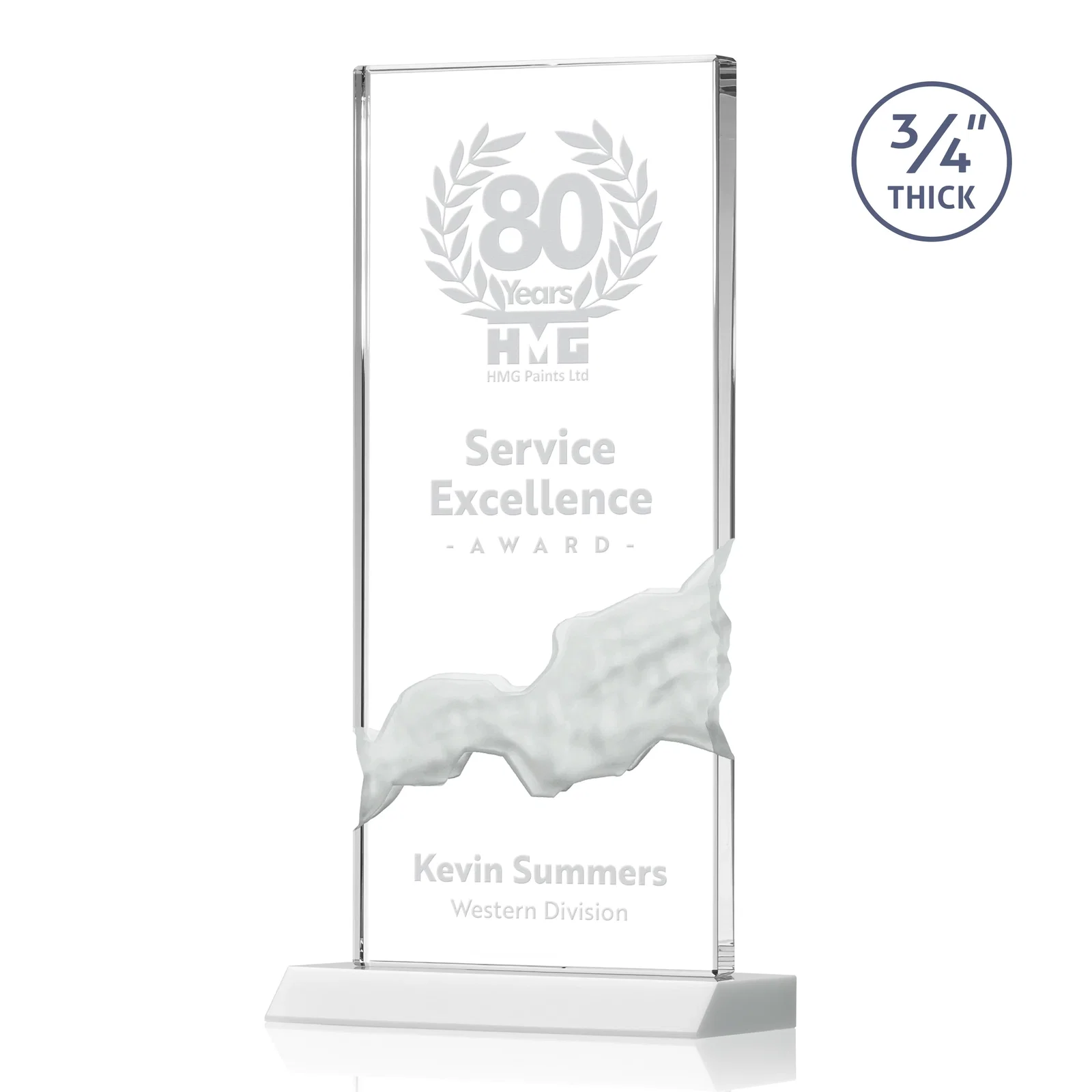 Promotional Starfire Crystal Upright Award with Carved Waterfall on Mitered Base, awards for graduation ceremonies