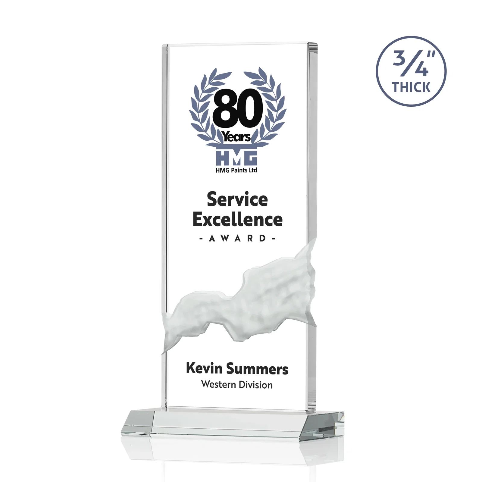 Promotional Starfire Crystal Upright Award with Carved Waterfall on Mitered Base, awards for dealer and partner awards
