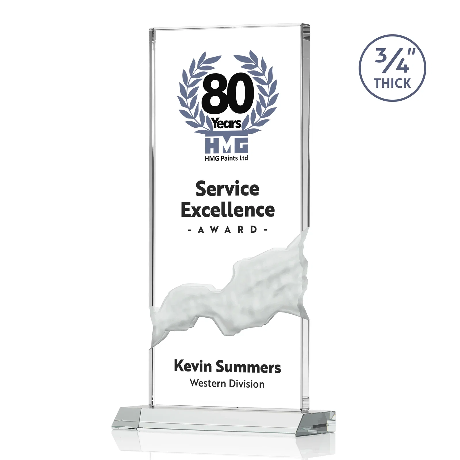 Promotional Starfire Crystal Upright Award with Carved Waterfall on Mitered Base, awards for company anniversary events