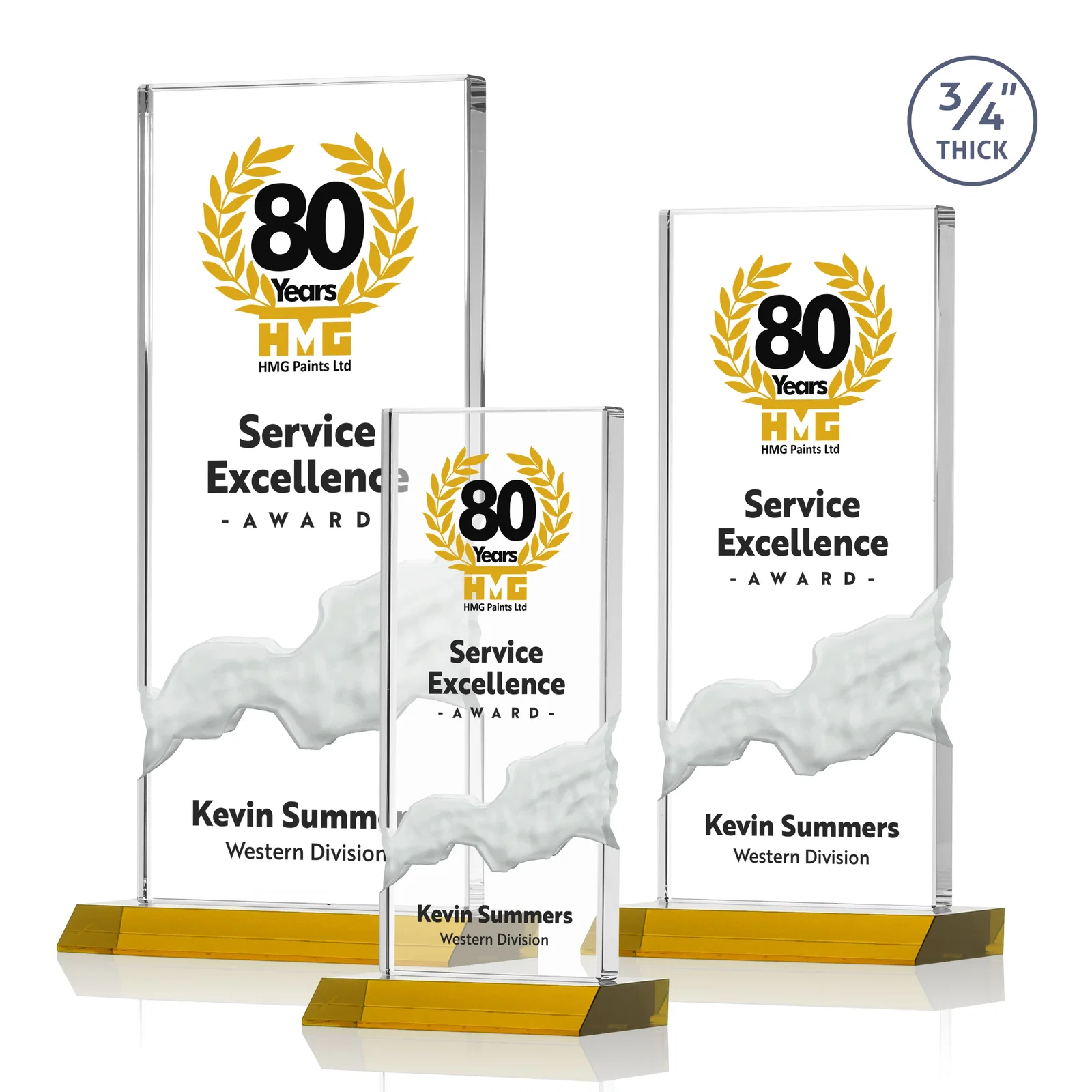 Branded Starfire Crystal Upright Award with Carved Waterfall on Mitered Base, awards for employee recognition