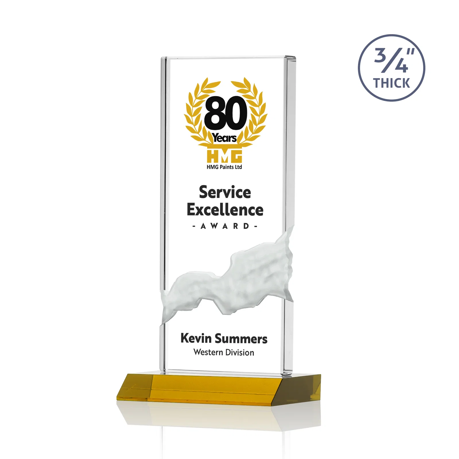 Branded Starfire Crystal Upright Award with Carved Waterfall on Mitered Base, awards for corporate award ceremonies