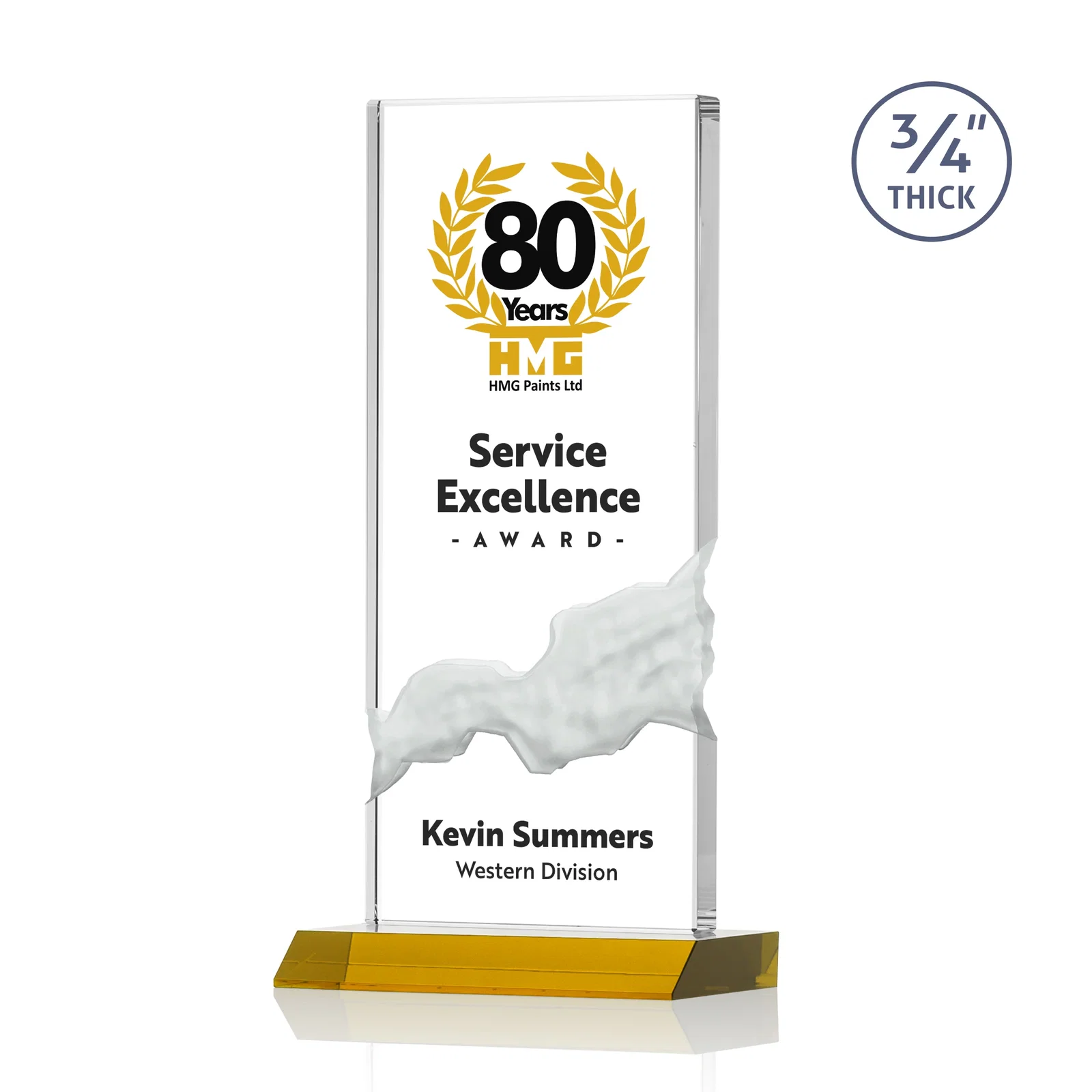 Branded Starfire Crystal Upright Award with Carved Waterfall on Mitered Base, awards for service anniversary gifts