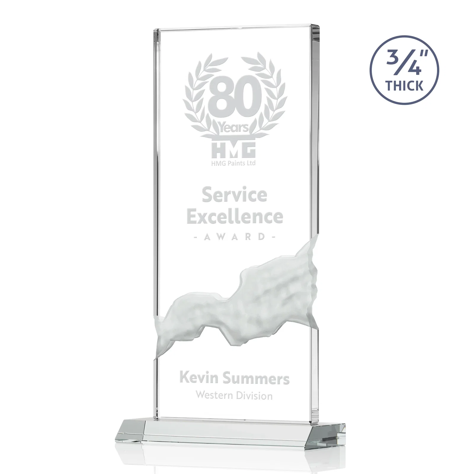 Custom Starfire Crystal Upright Award with Carved Waterfall on Mitered Base, awards for sales achievement awards