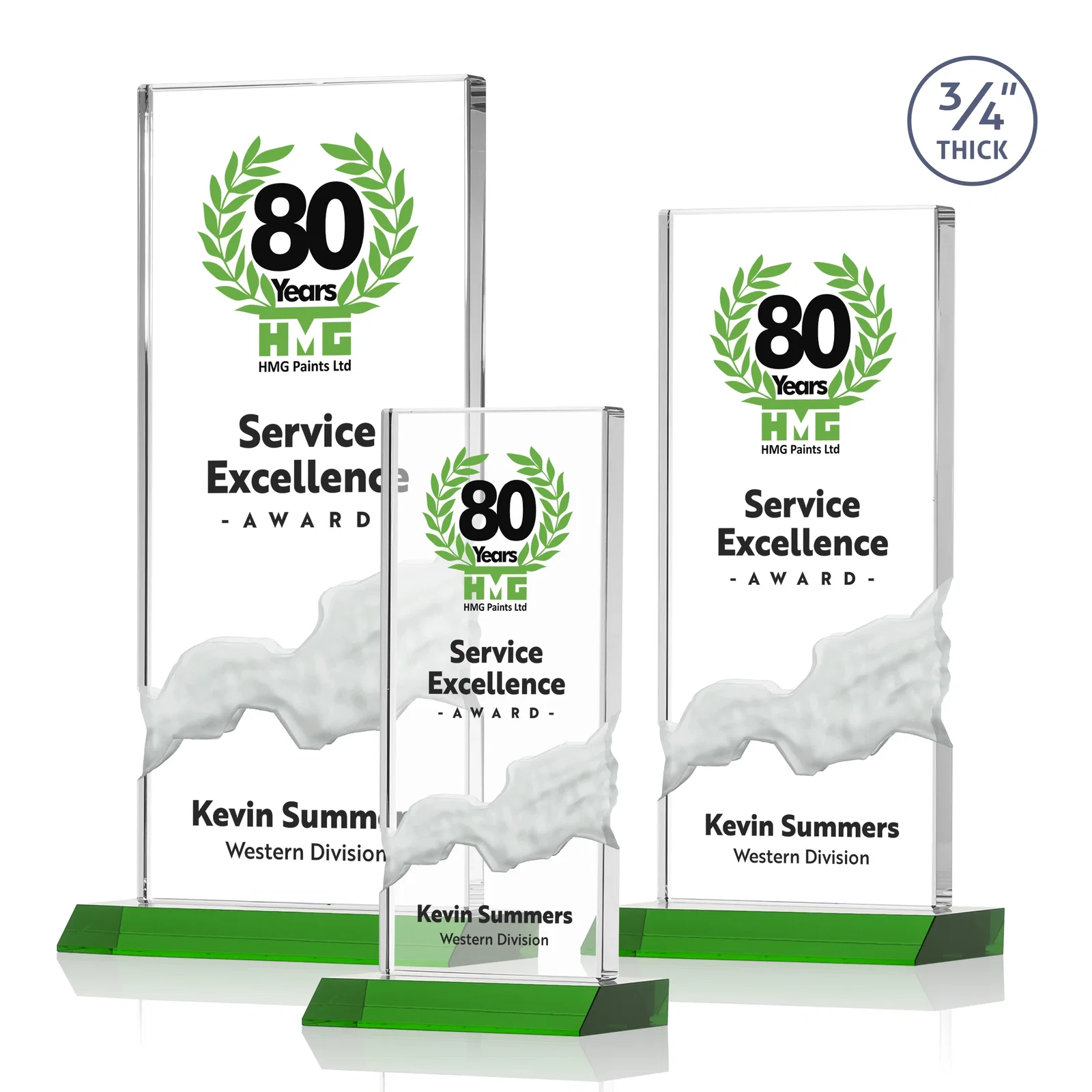 Branded Starfire Crystal Upright Award with Carved Waterfall on Mitered Base, awards for retirement presentations