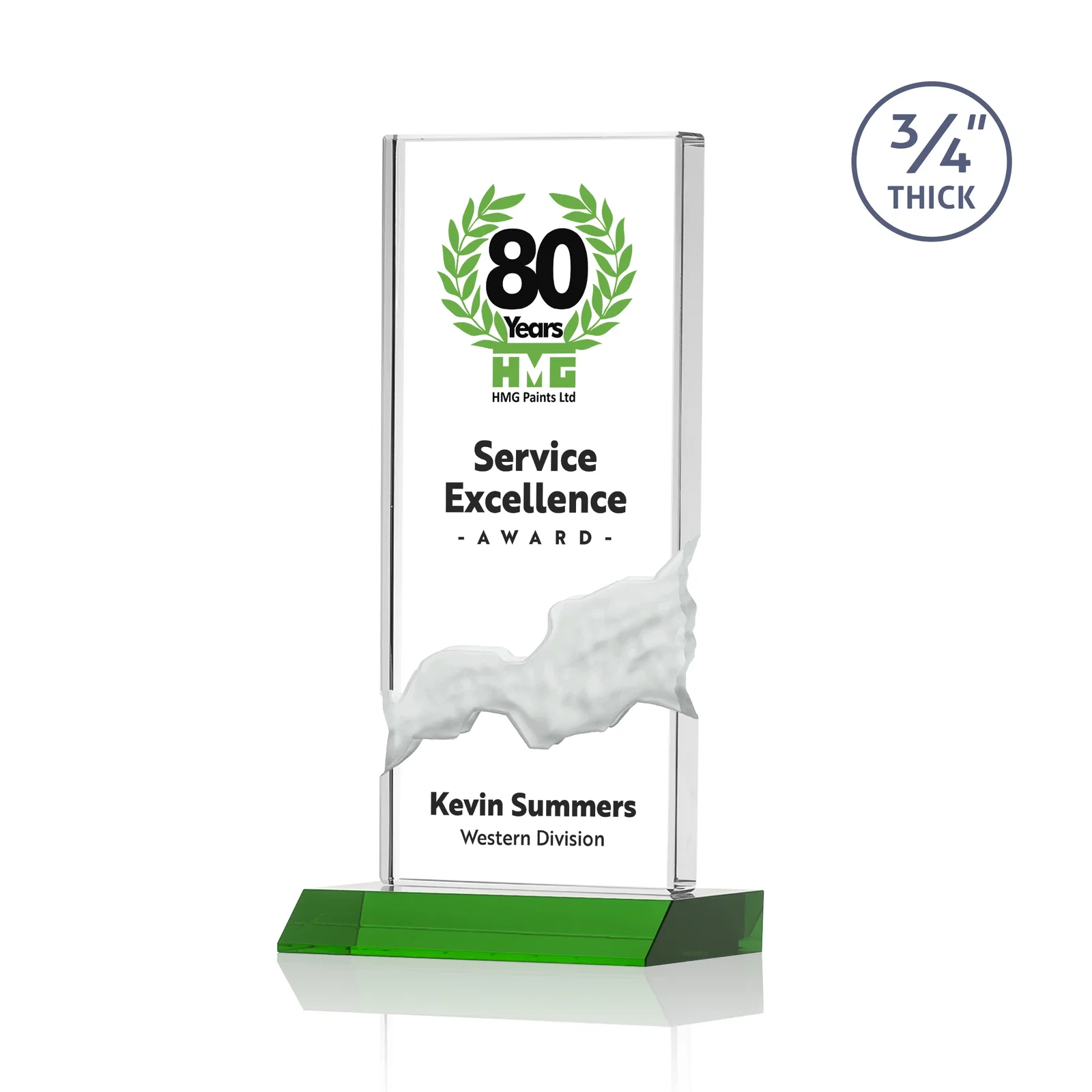 Branded Starfire Crystal Upright Award with Carved Waterfall on Mitered Base, awards for team milestone celebrations