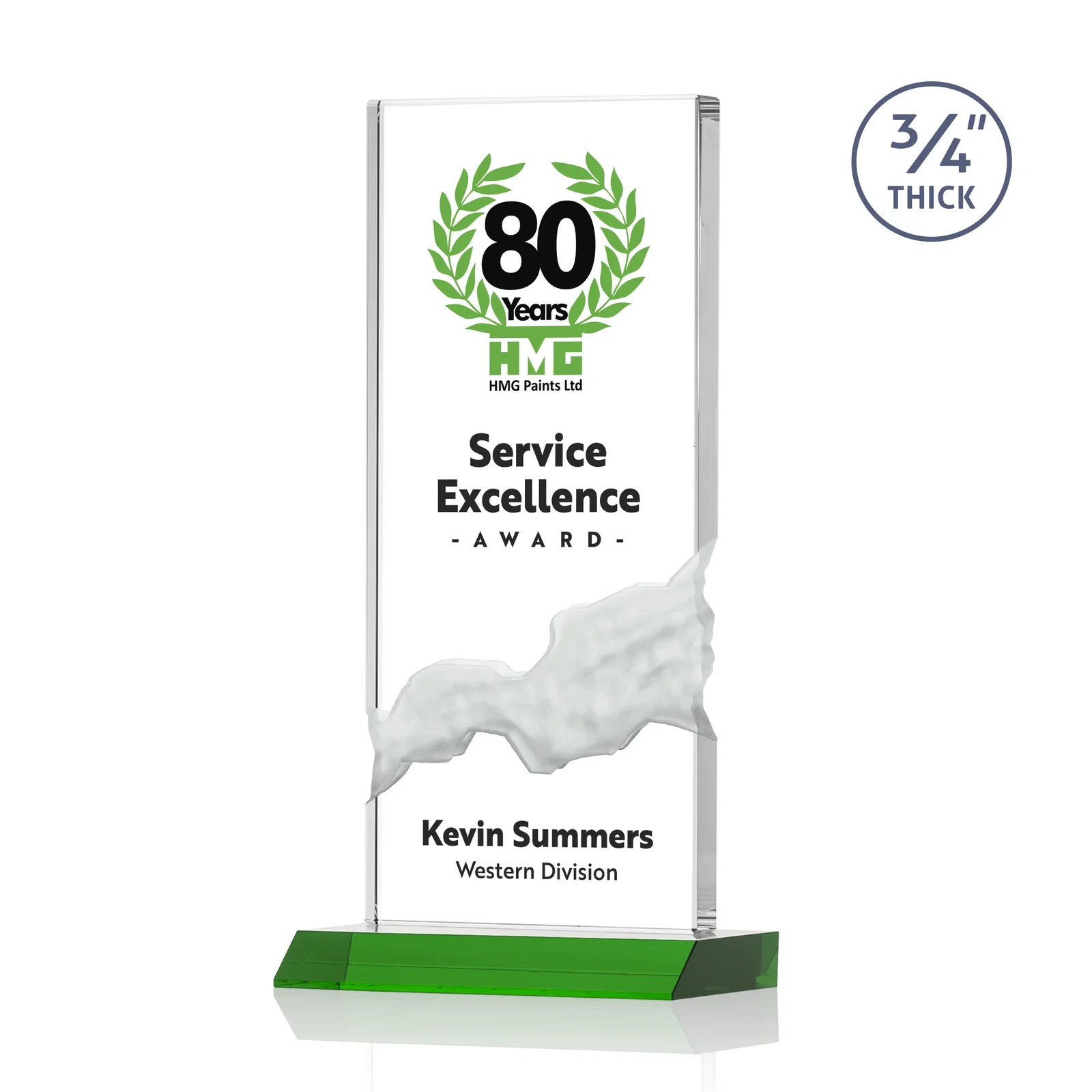 Branded Starfire Crystal Upright Award with Carved Waterfall on Mitered Base, awards for donor appreciation