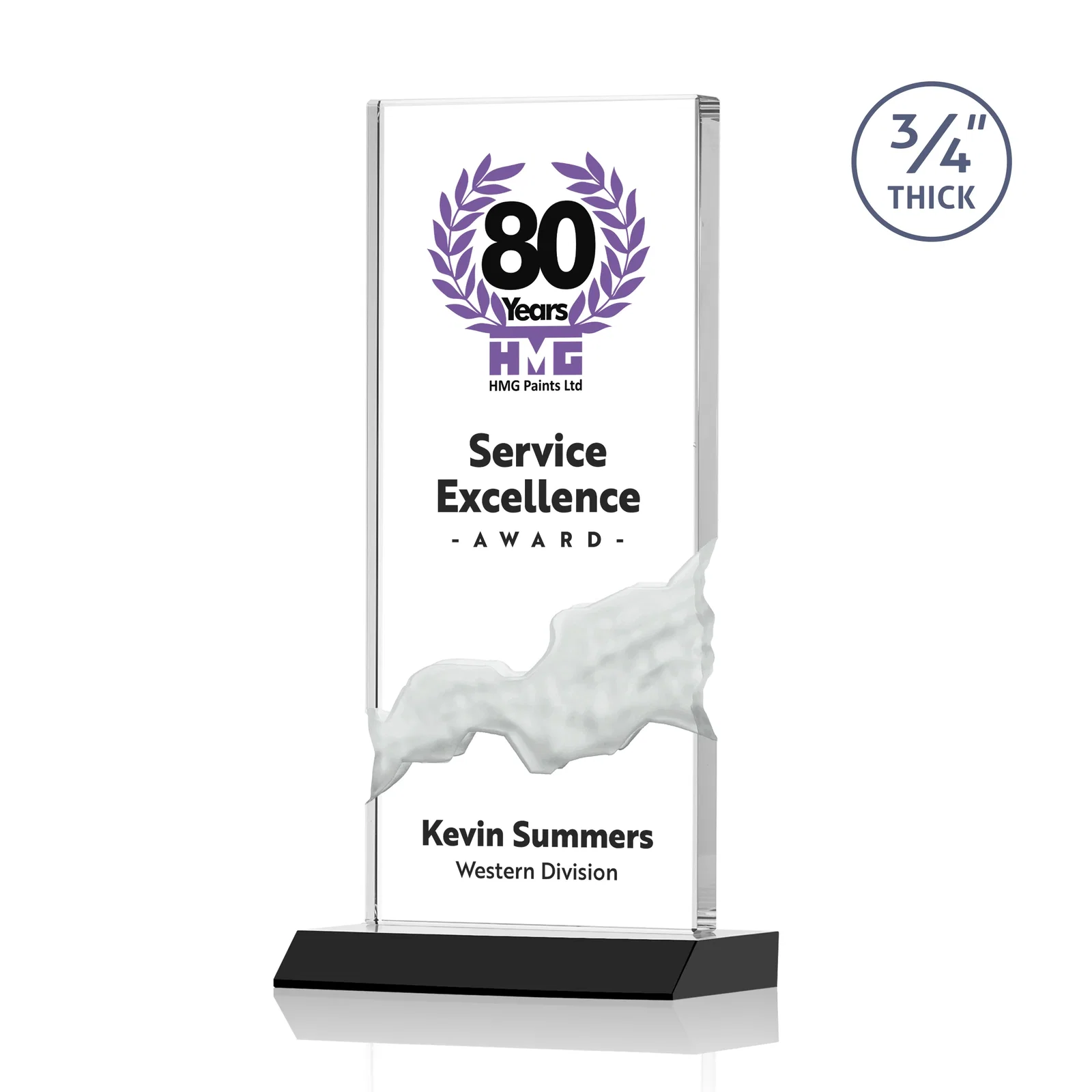 Branded Starfire Crystal Upright Award with Carved Waterfall on Mitered Base, awards for dealer and partner awards