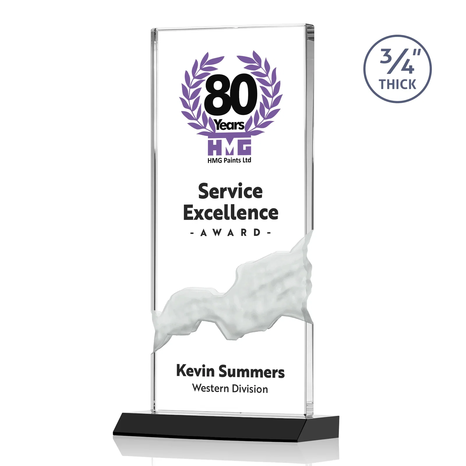 Branded Starfire Crystal Upright Award with Carved Waterfall on Mitered Base, awards for company anniversary events