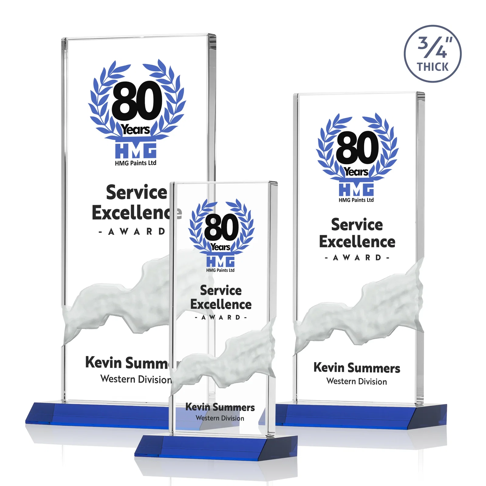 Custom printed Starfire Crystal Upright Award with Carved Waterfall on Mitered Base, awards for employee recognition
