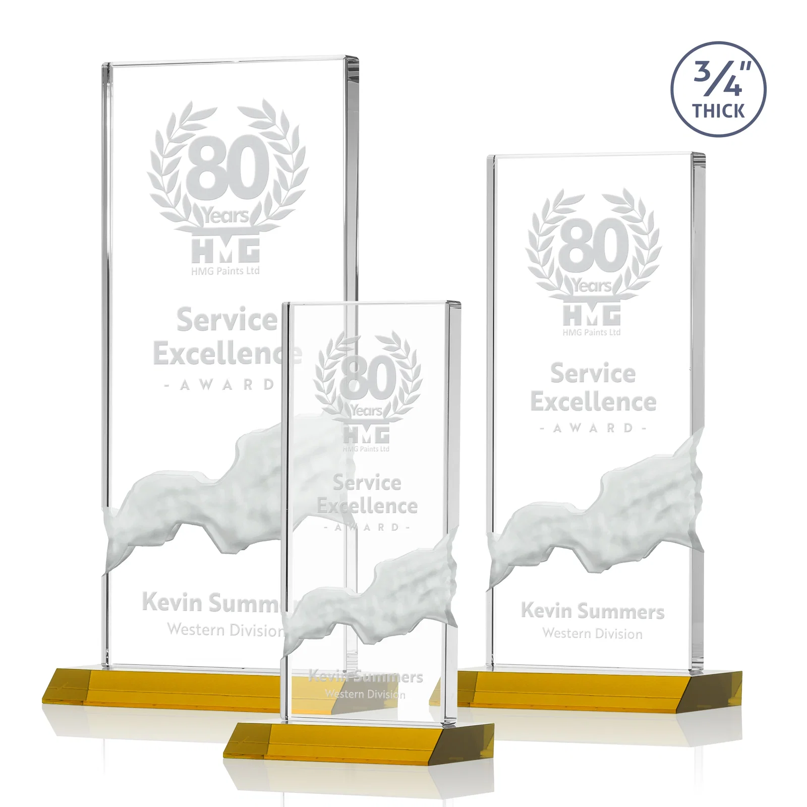 Custom Starfire Crystal Upright Award with Carved Waterfall on Mitered Base, awards for retirement presentations