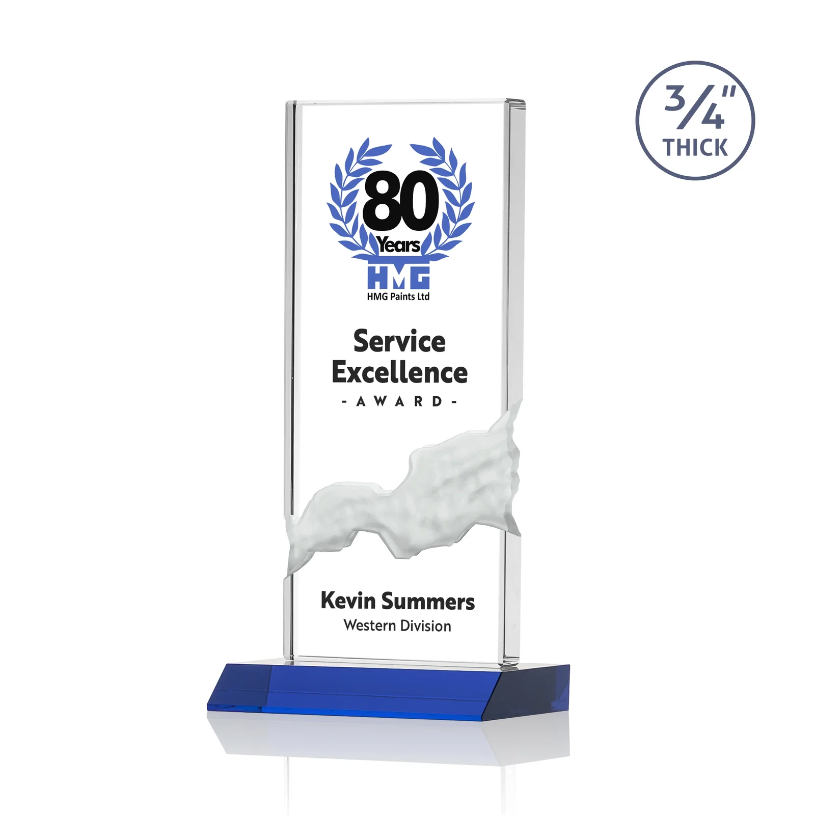 Custom printed Starfire Crystal Upright Award with Carved Waterfall on Mitered Base, awards for corporate award ceremonies
