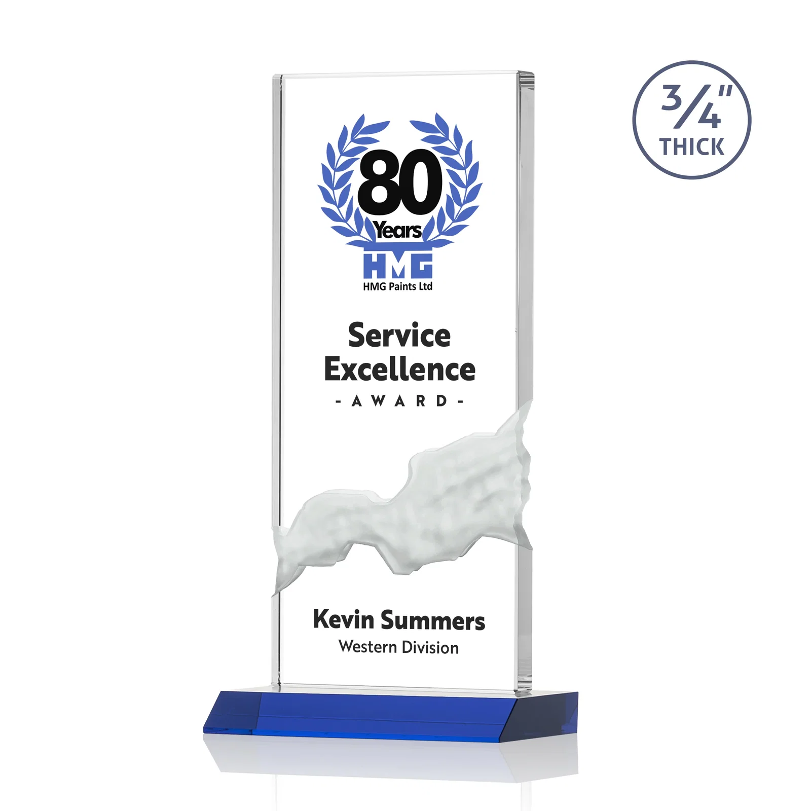 Custom printed Starfire Crystal Upright Award with Carved Waterfall on Mitered Base, awards for service anniversary gifts