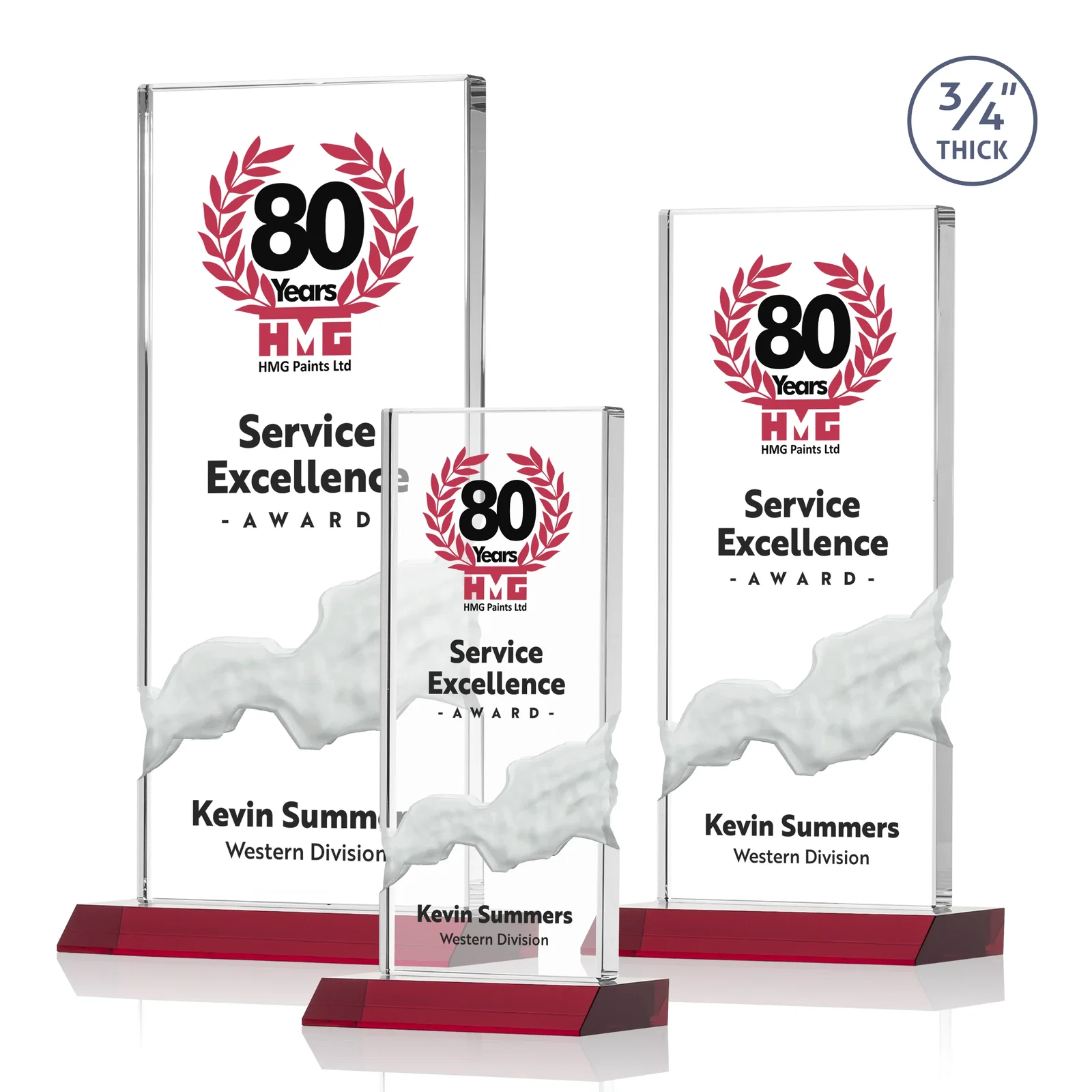 Custom printed Starfire Crystal Upright Award with Carved Waterfall on Mitered Base, awards for retirement presentations