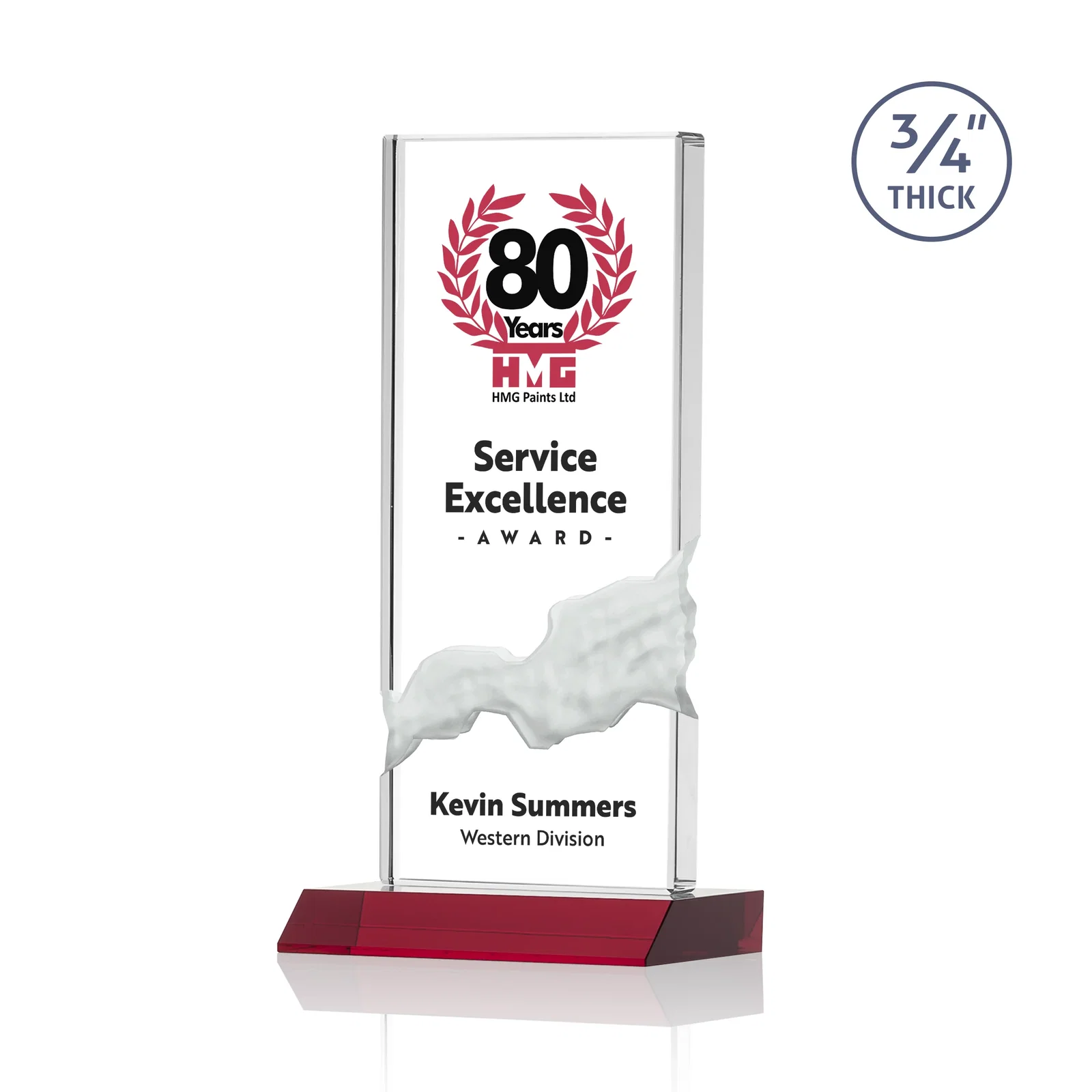 Custom printed Starfire Crystal Upright Award with Carved Waterfall on Mitered Base, awards for team milestone celebrations